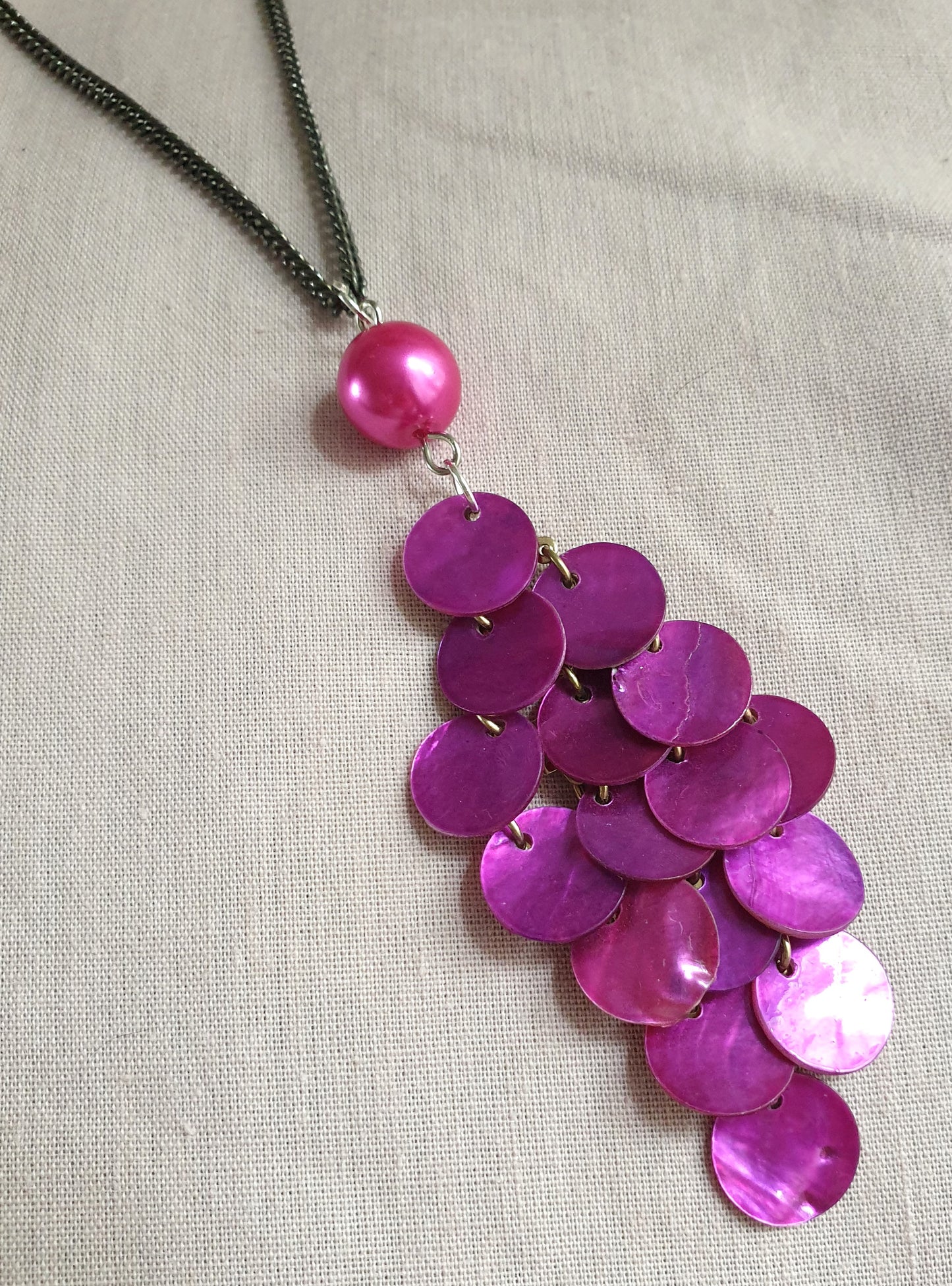 Hot Pink Sequin Statement Pendant Necklace. Recycled Jewellery