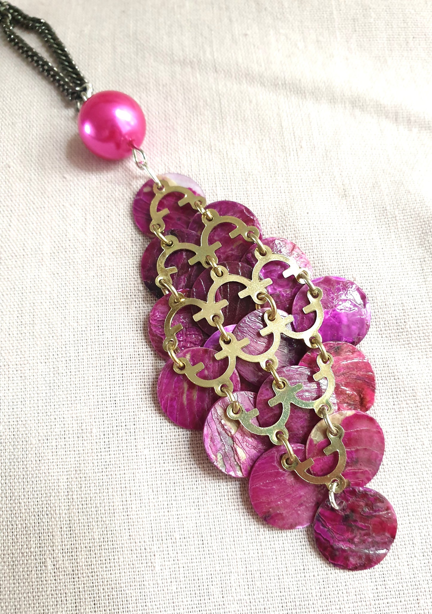 Hot Pink Sequin Statement Pendant Necklace. Recycled Jewellery