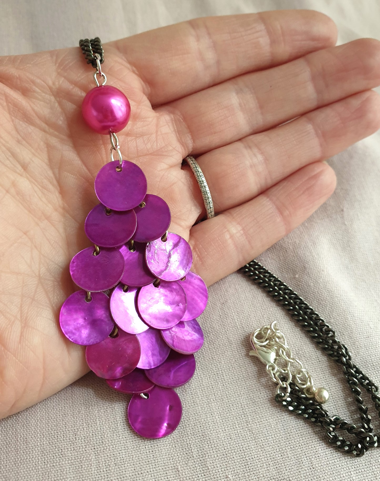 Hot Pink Sequin Statement Pendant Necklace. Recycled Jewellery