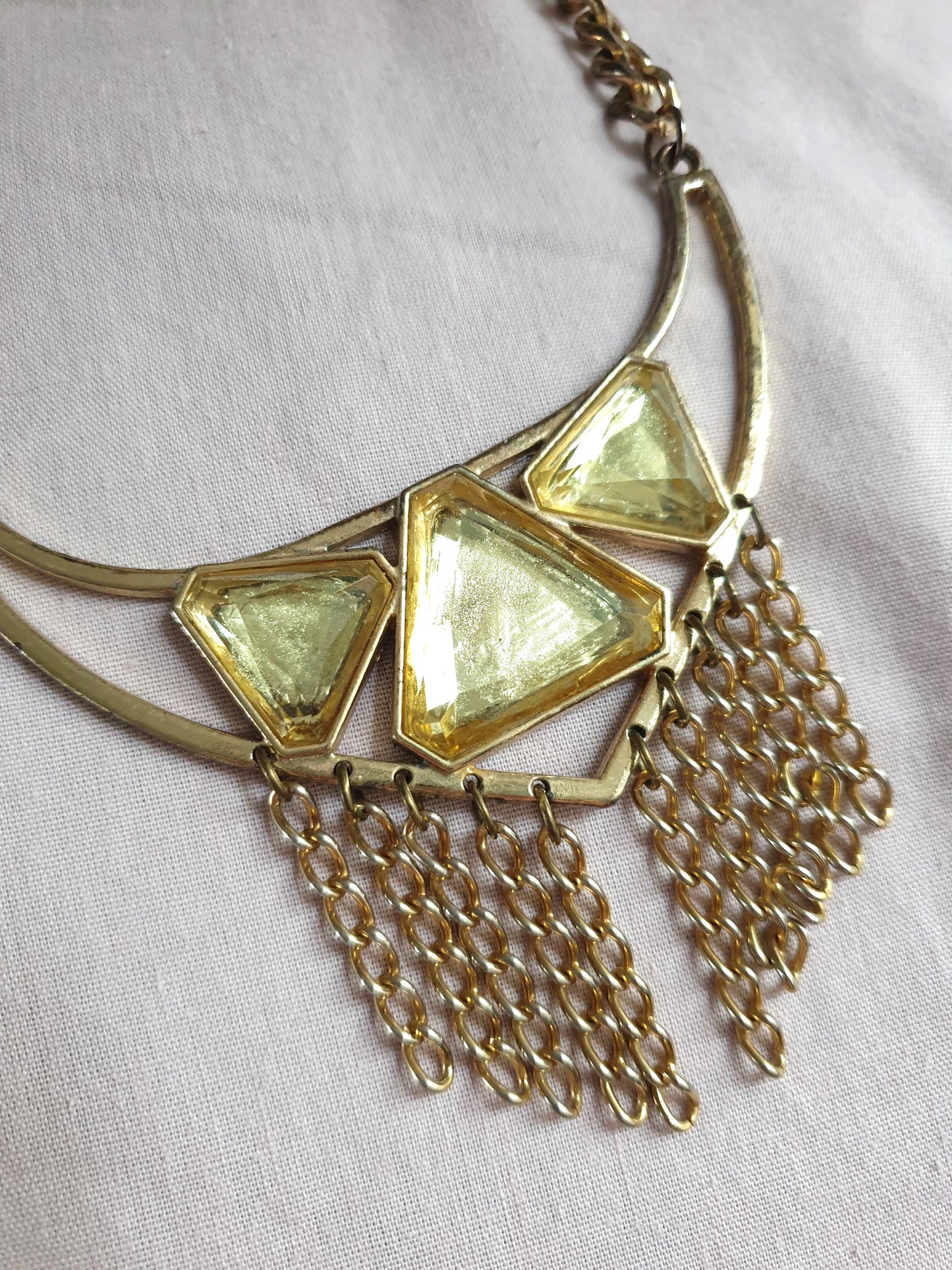 Chunky Gold Tone Bib Necklace with Yellow Gems. Recycled Jewellery