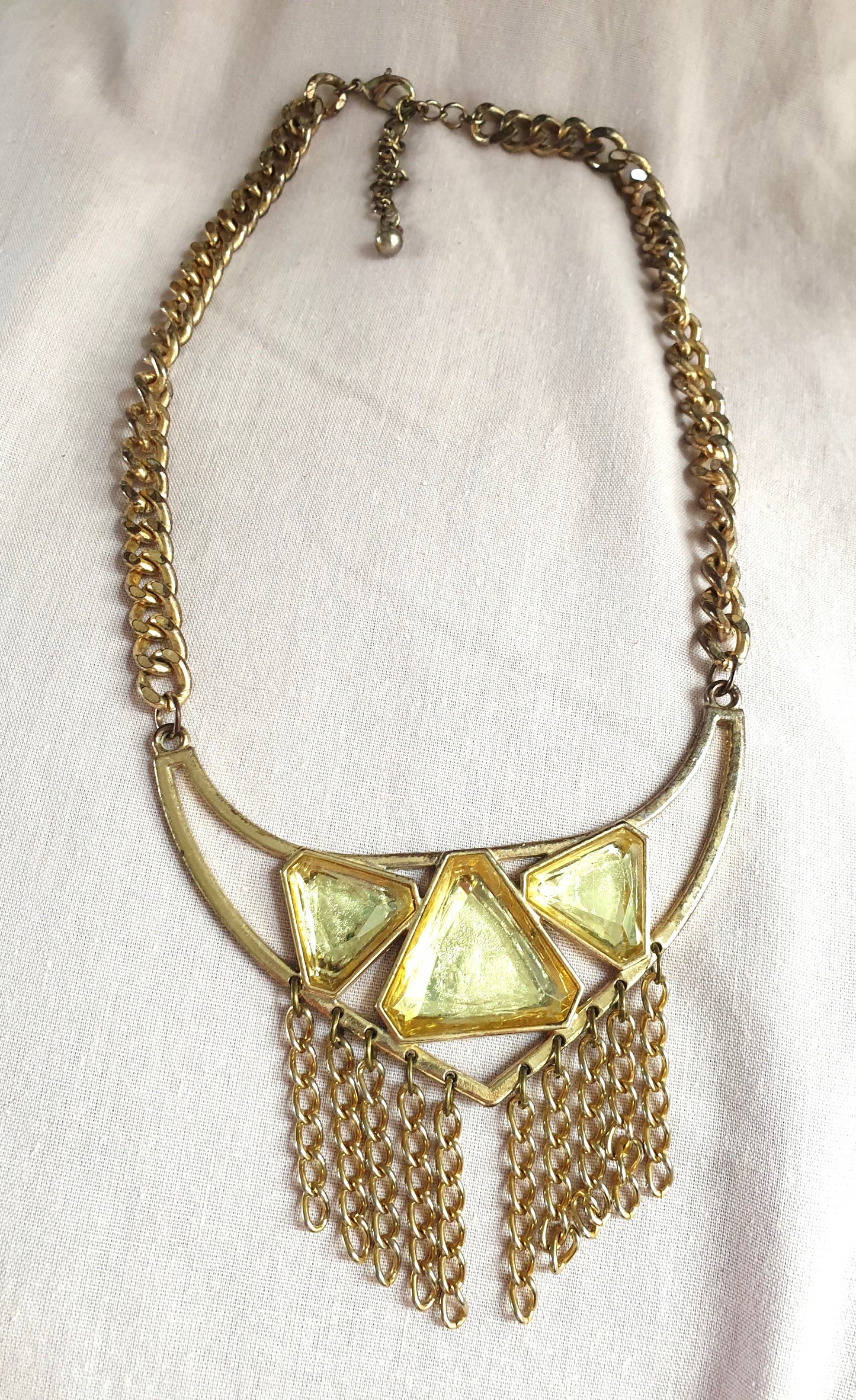 Chunky Gold Tone Bib Necklace with Yellow Gems. Recycled Jewellery