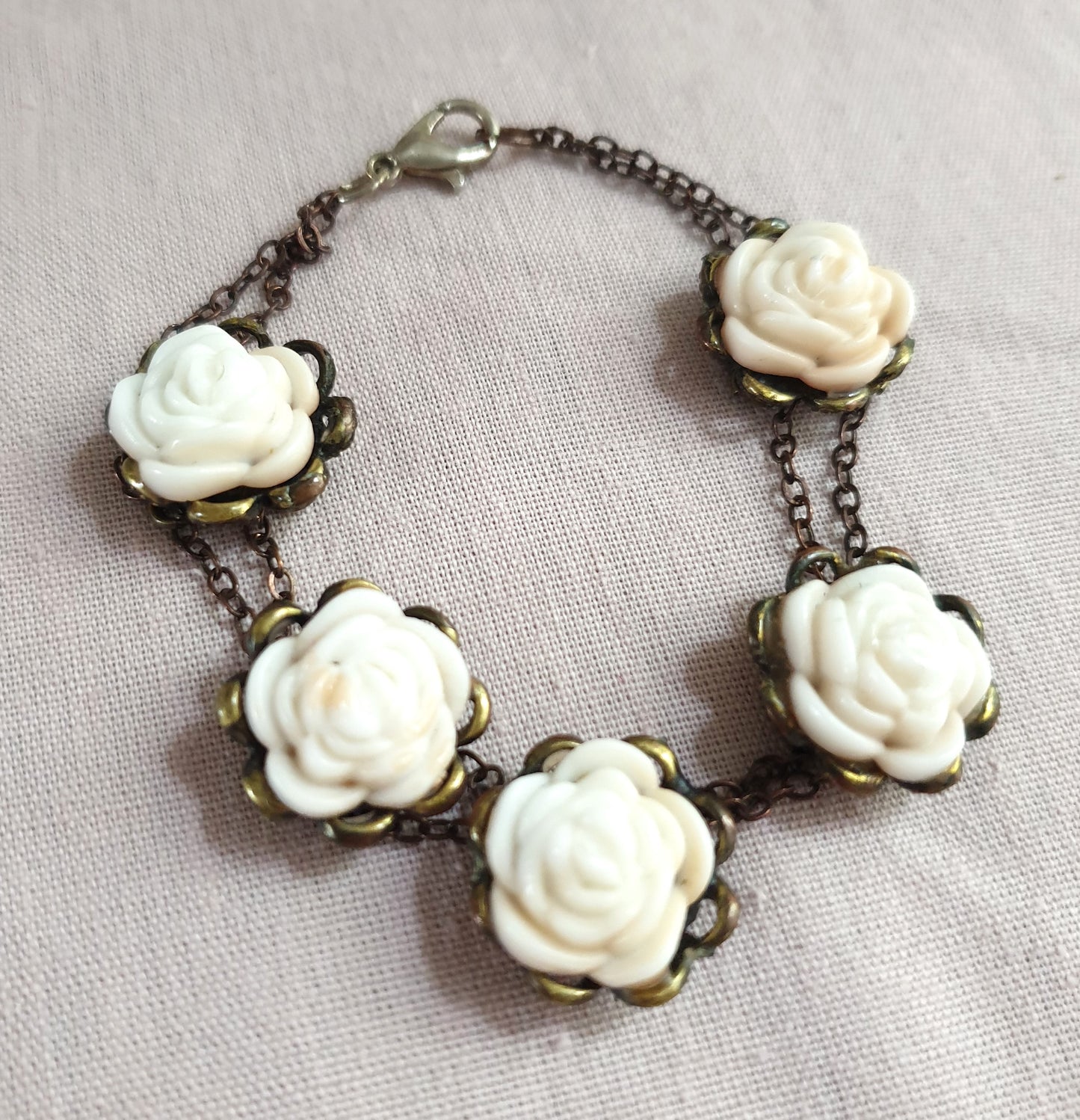 Bronze Tone White Roses Bracelet. Recycled Jewellery