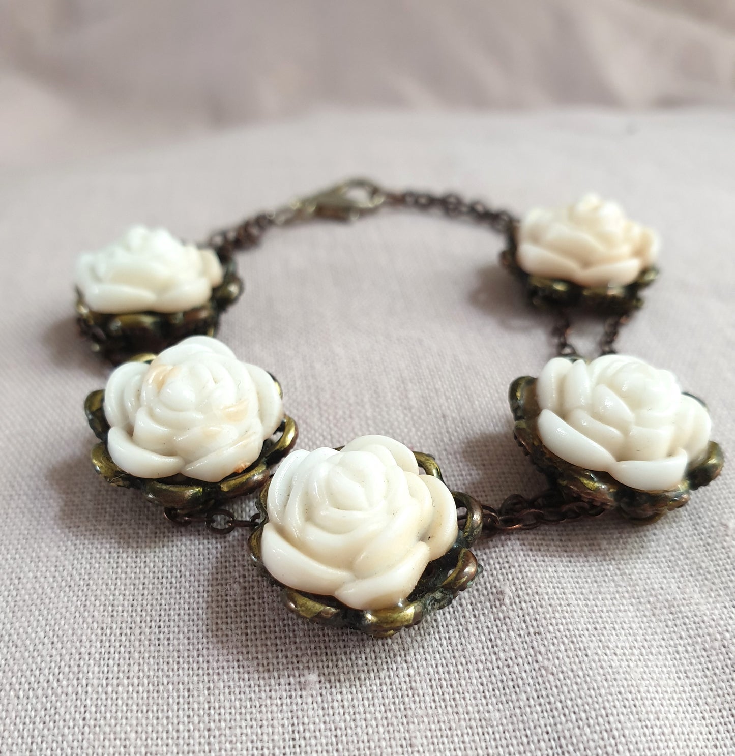 Bronze Tone White Roses Bracelet. Recycled Jewellery