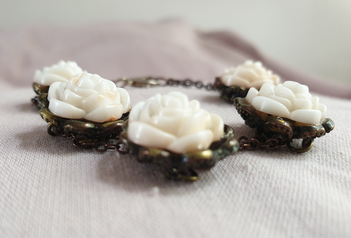 Bronze Tone White Roses Bracelet. Recycled Jewellery