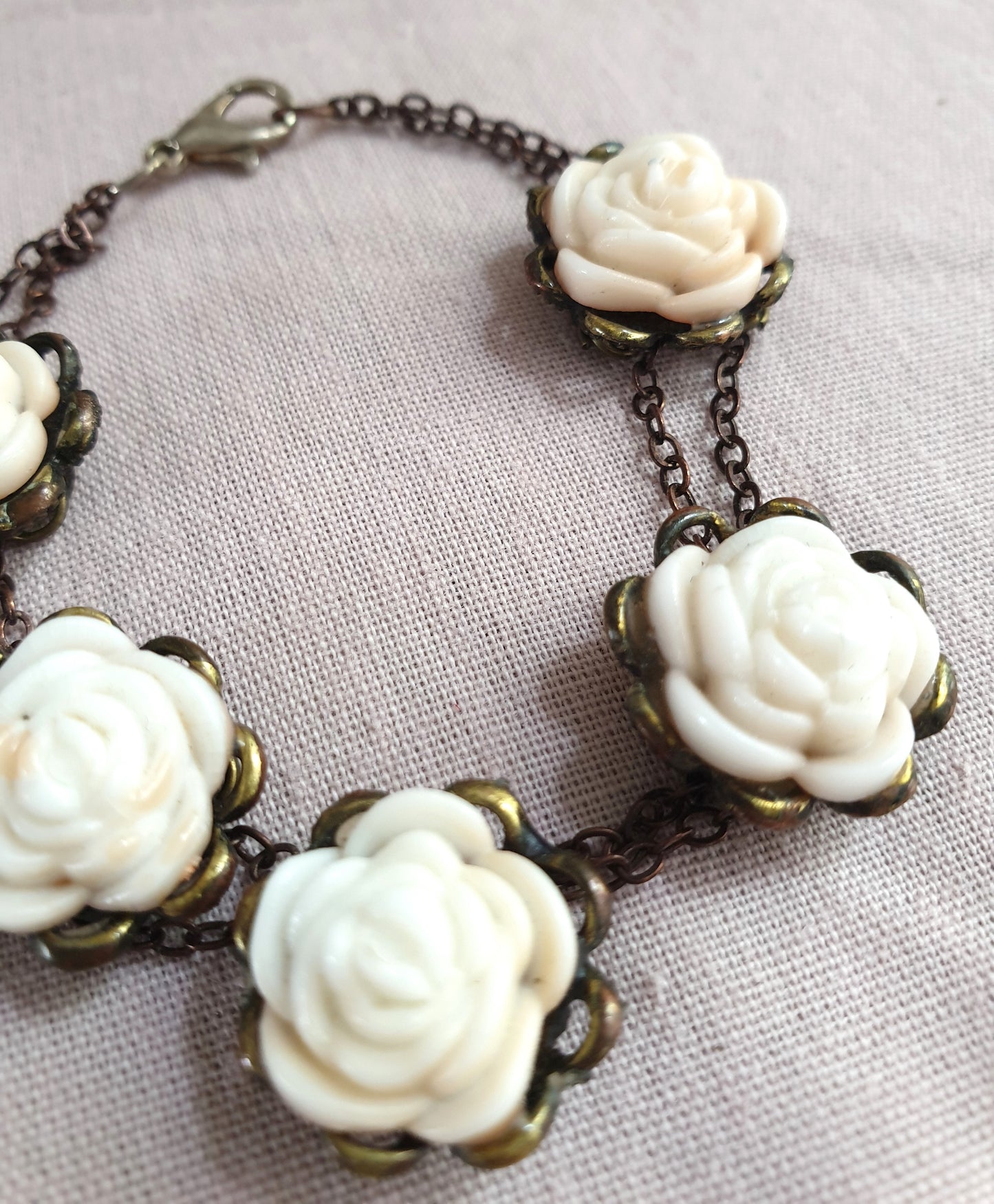 Bronze Tone White Roses Bracelet. Recycled Jewellery