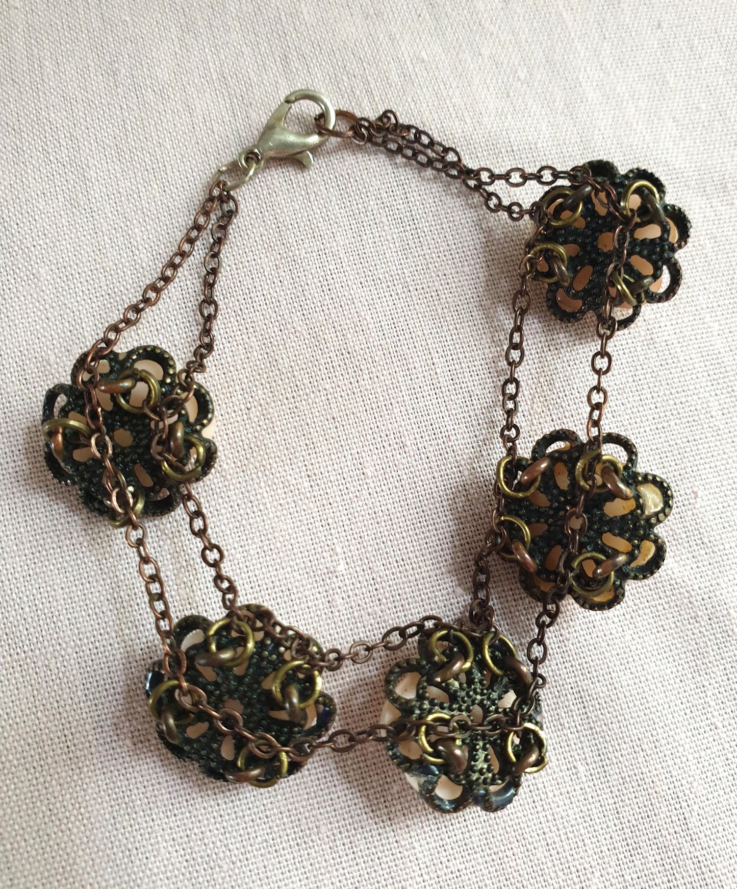 Bronze Tone White Roses Bracelet. Recycled Jewellery