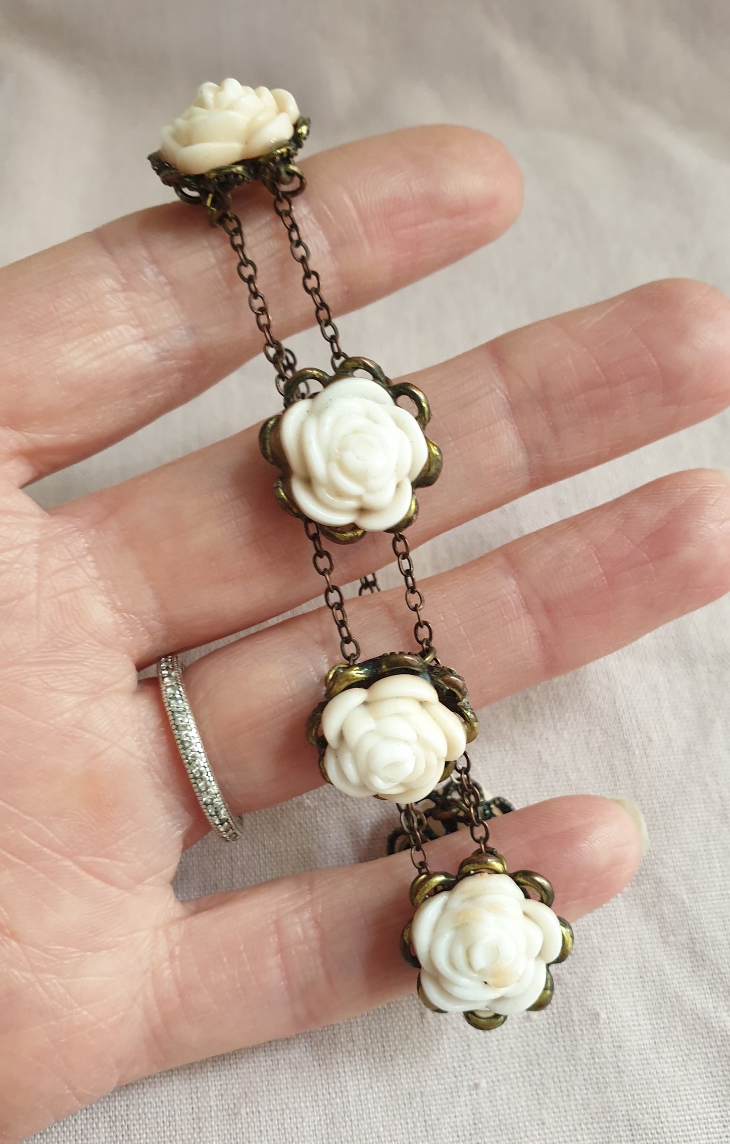Bronze Tone White Roses Bracelet. Recycled Jewellery