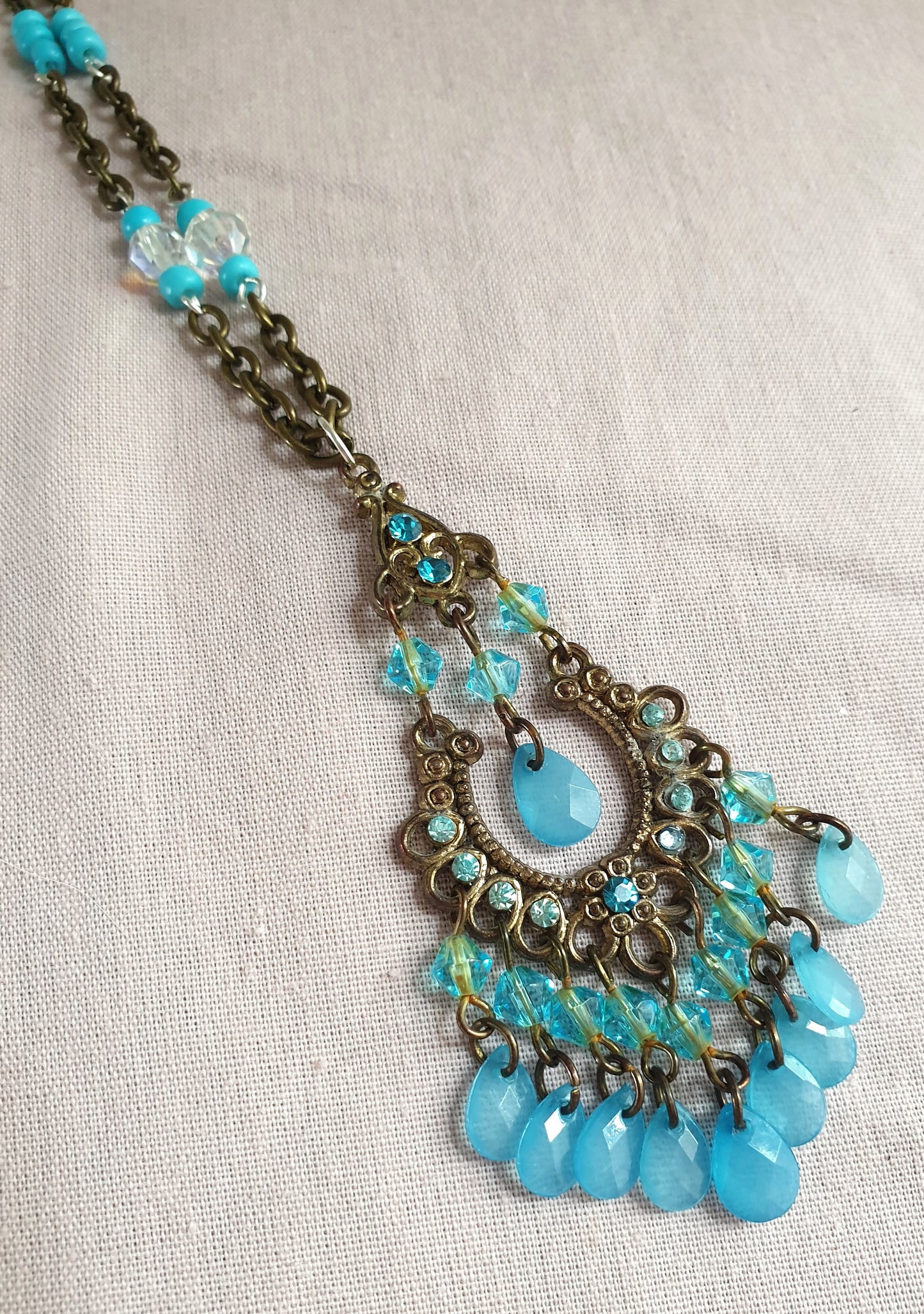 Turquoise and Bronze Beaded Pendant Necklace. Recycled Jewellery