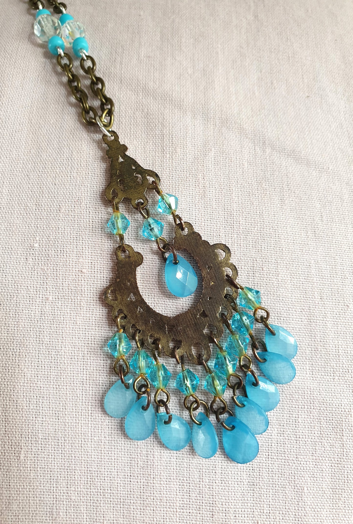 Turquoise and Bronze Beaded Pendant Necklace. Recycled Jewellery