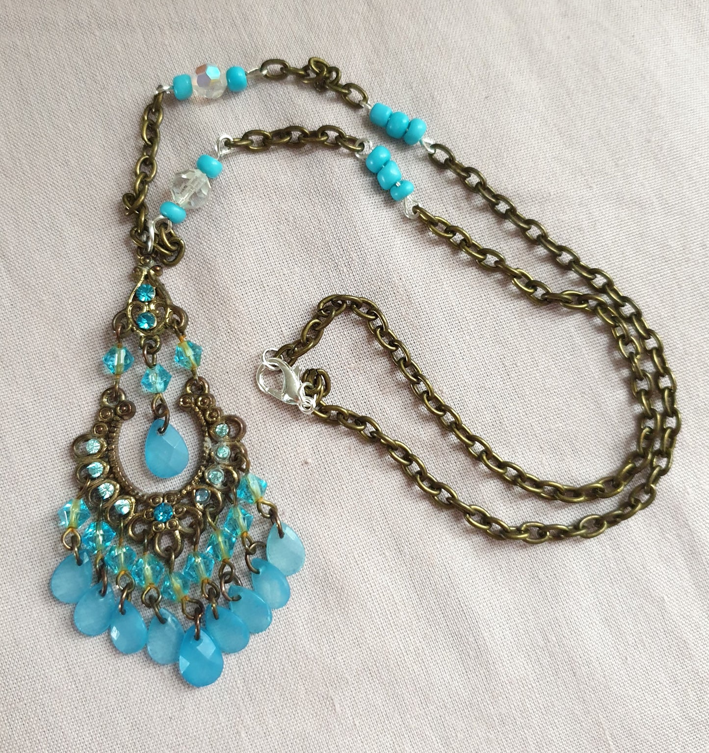 Turquoise and Bronze Beaded Pendant Necklace. Recycled Jewellery