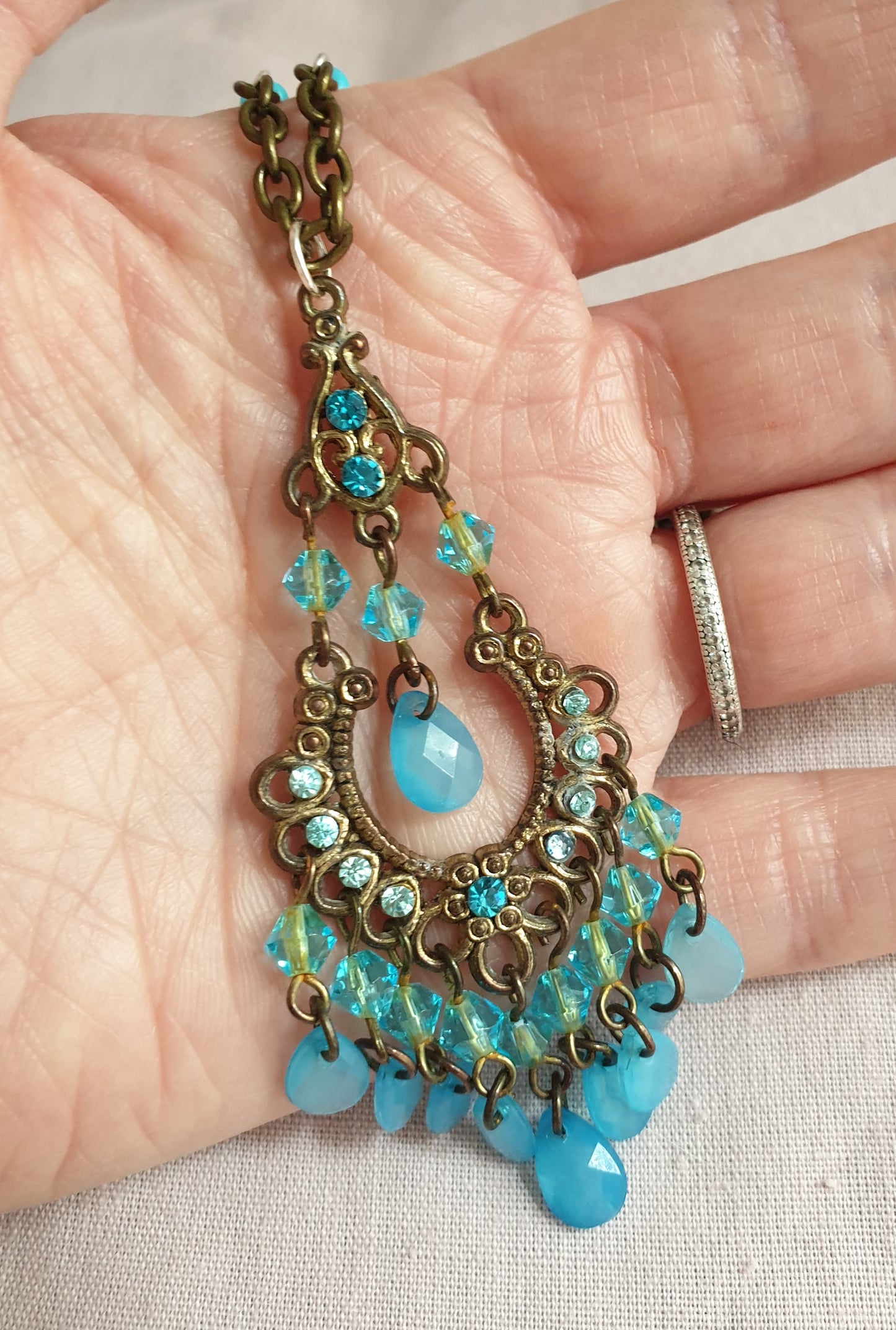Turquoise and Bronze Beaded Pendant Necklace. Recycled Jewellery