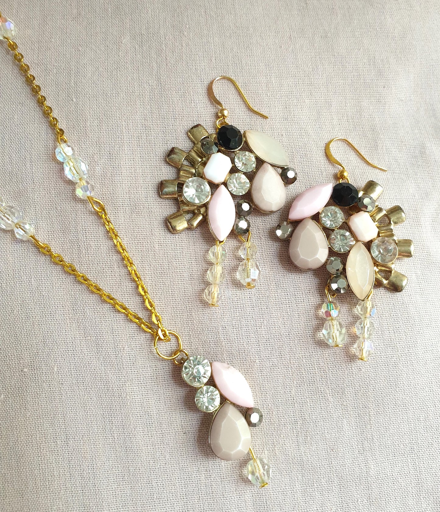 Gold, Pale Pink and Diamante Earrings and Necklace Set. Recycled Jewellery