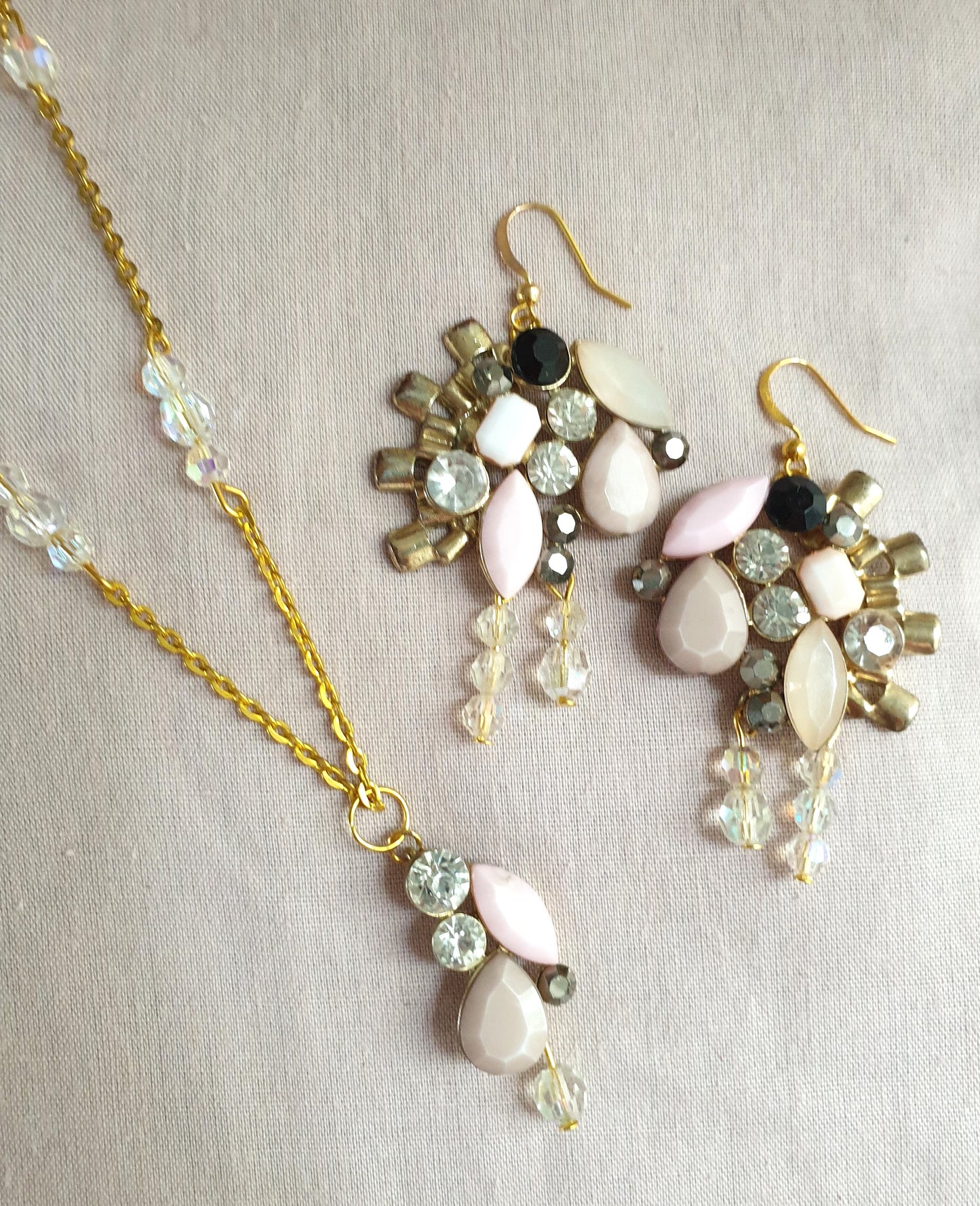 Gold, Pale Pink and Diamante Earrings and Necklace Set. Recycled Jewellery