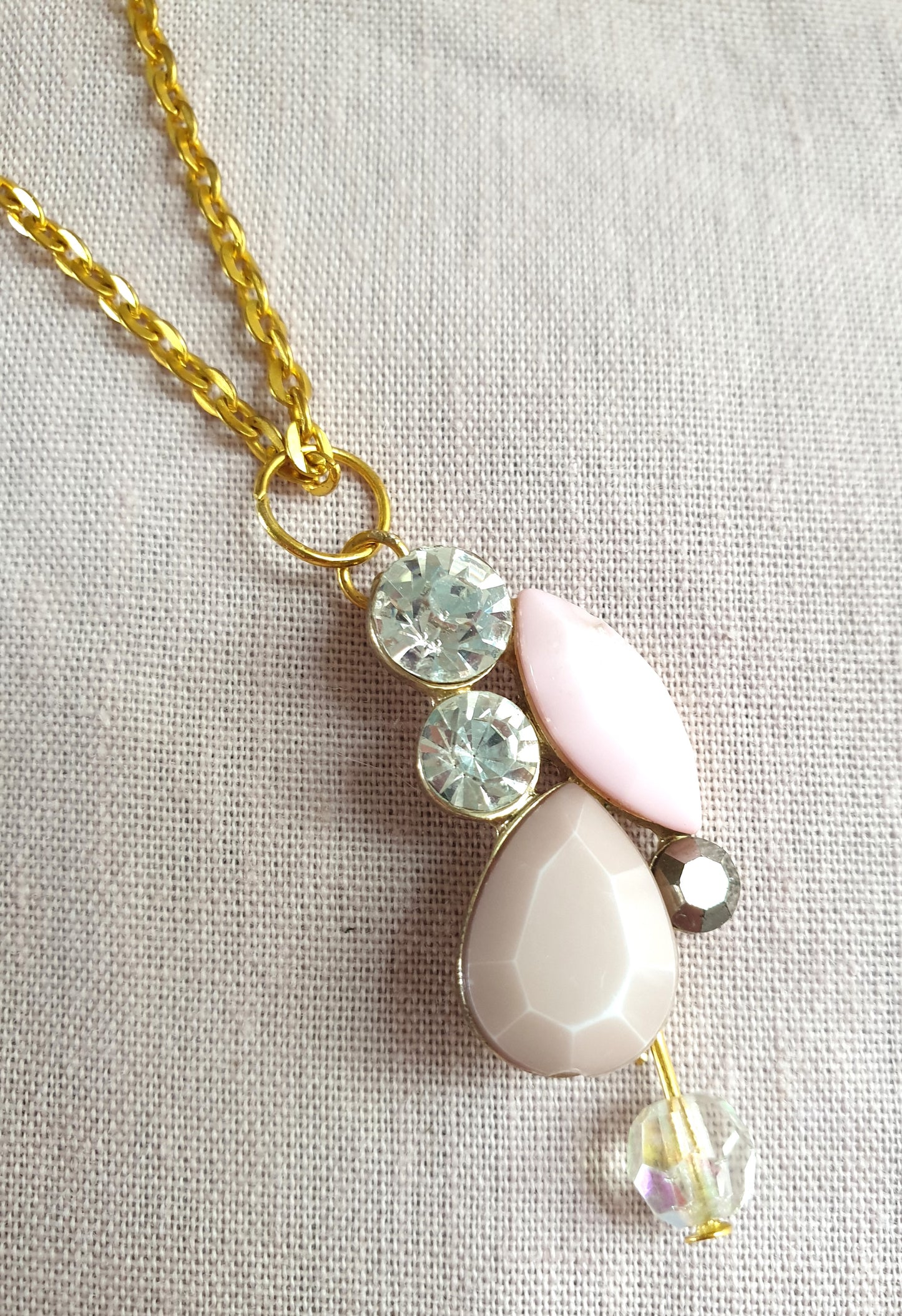 Gold, Pale Pink and Diamante Earrings and Necklace Set. Recycled Jewellery