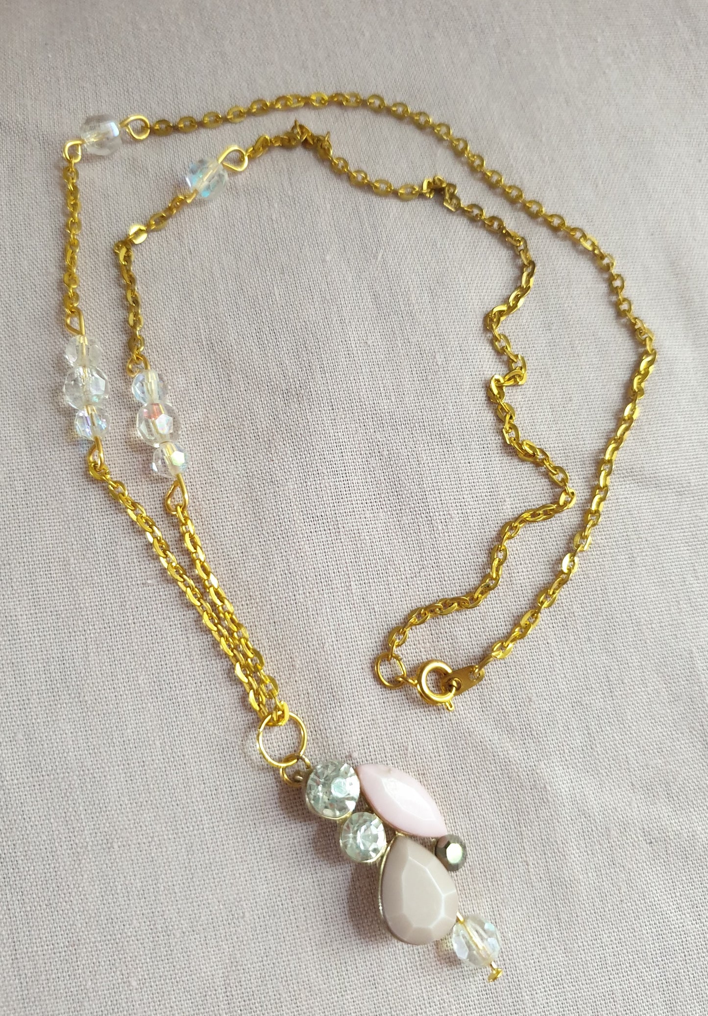 Gold, Pale Pink and Diamante Earrings and Necklace Set. Recycled Jewellery