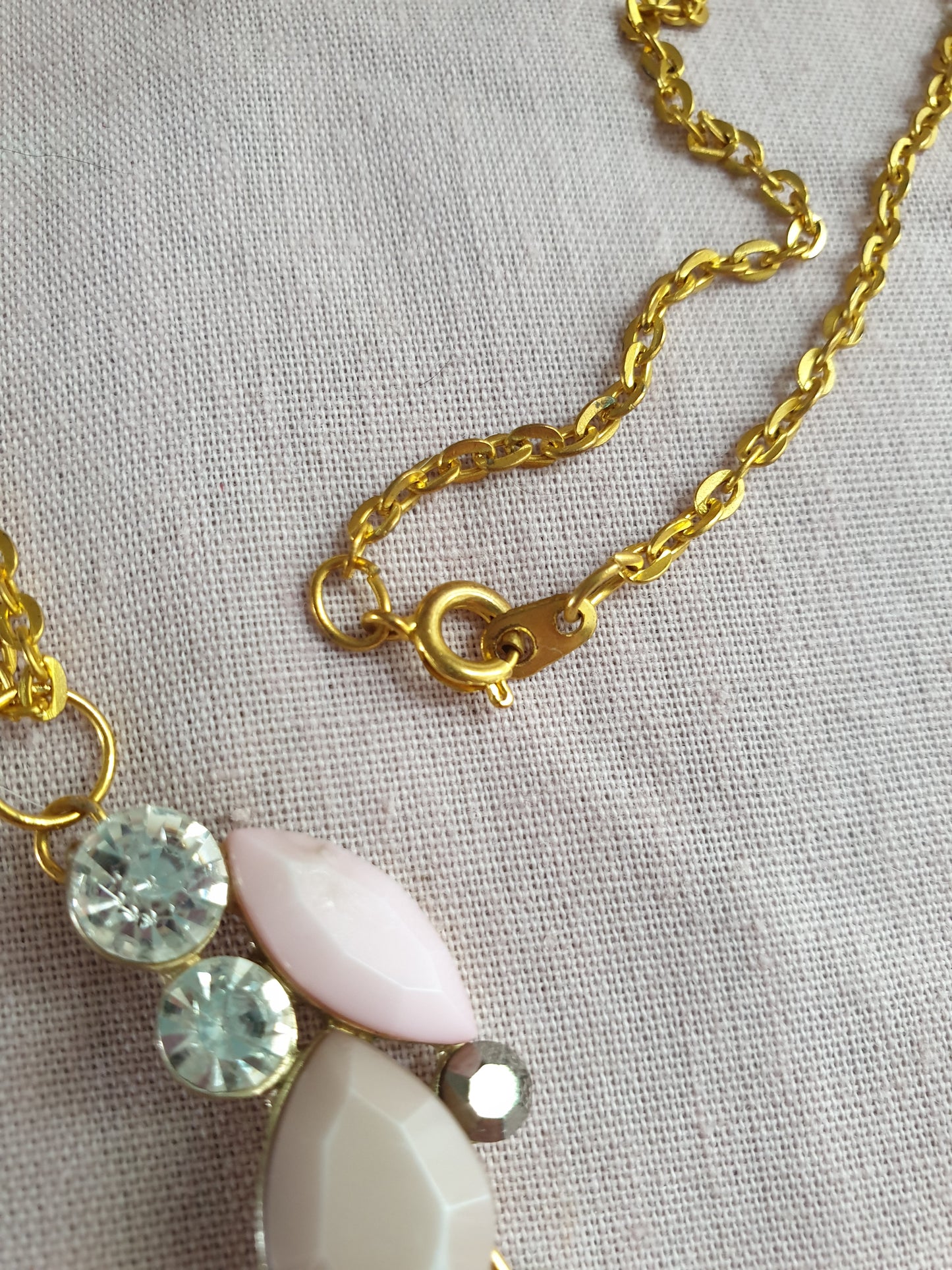 Gold, Pale Pink and Diamante Earrings and Necklace Set. Recycled Jewellery