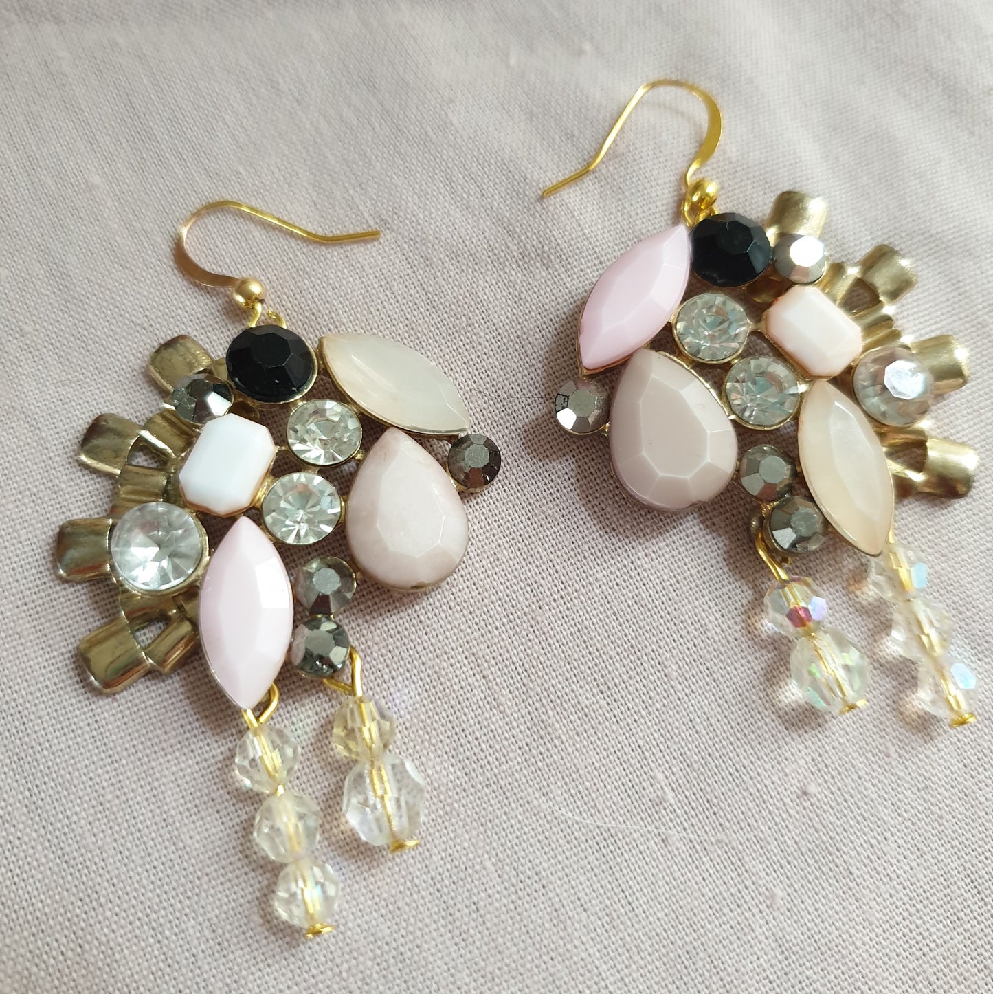 Gold, Pale Pink and Diamante Earrings and Necklace Set. Recycled Jewellery