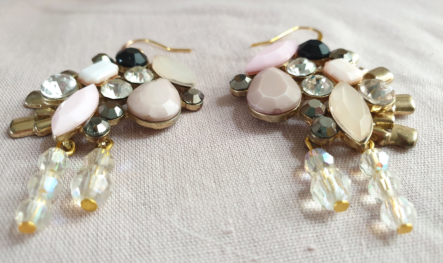 Gold, Pale Pink and Diamante Earrings and Necklace Set. Recycled Jewellery