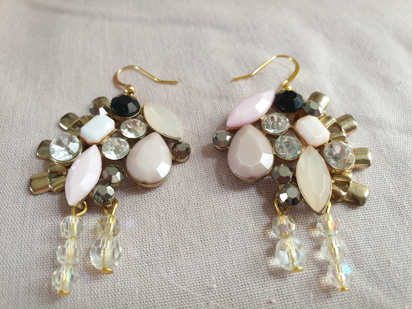 Gold, Pale Pink and Diamante Earrings and Necklace Set. Recycled Jewellery