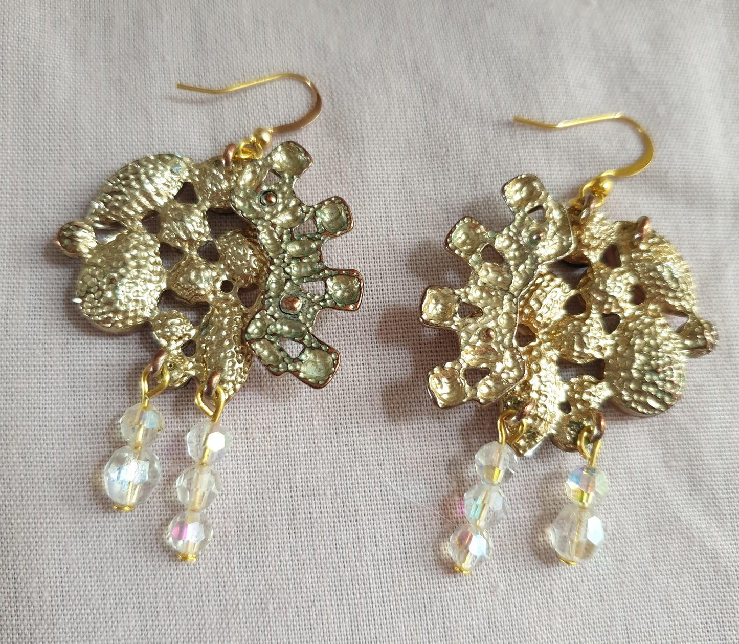 Gold, Pale Pink and Diamante Earrings and Necklace Set. Recycled Jewellery