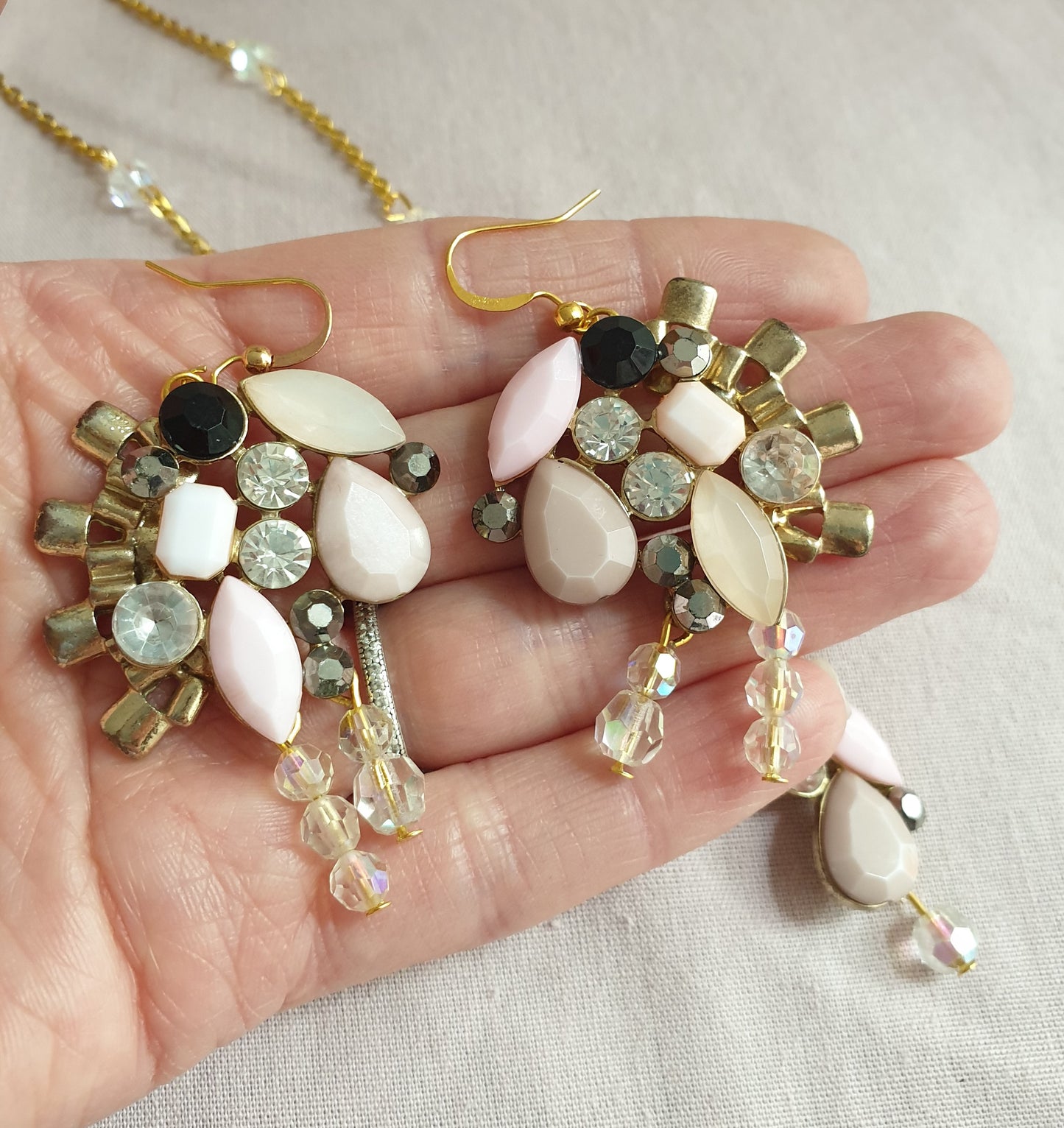 Gold, Pale Pink and Diamante Earrings and Necklace Set. Recycled Jewellery