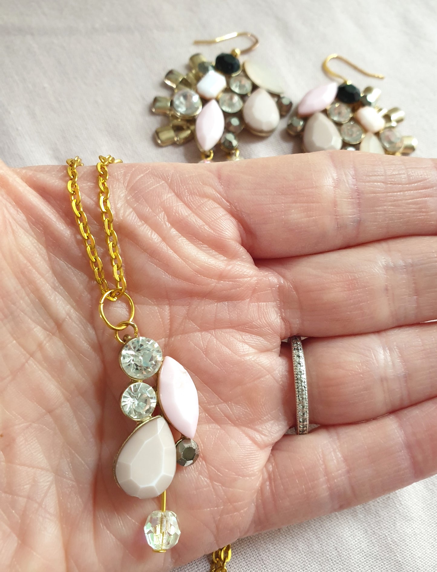 Gold, Pale Pink and Diamante Earrings and Necklace Set. Recycled Jewellery