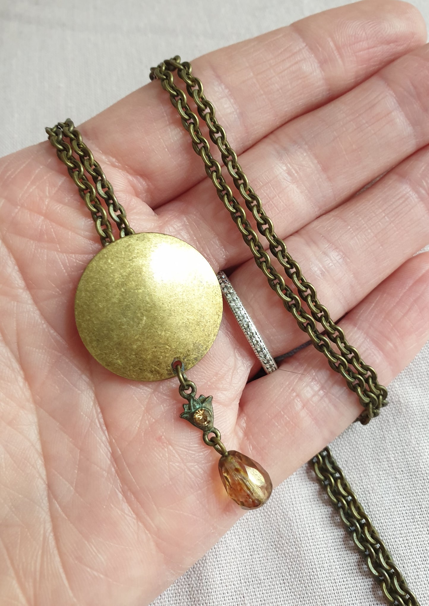 Long Line Bronze Tone Necklace with Bead Drop. Recycled Jewellery