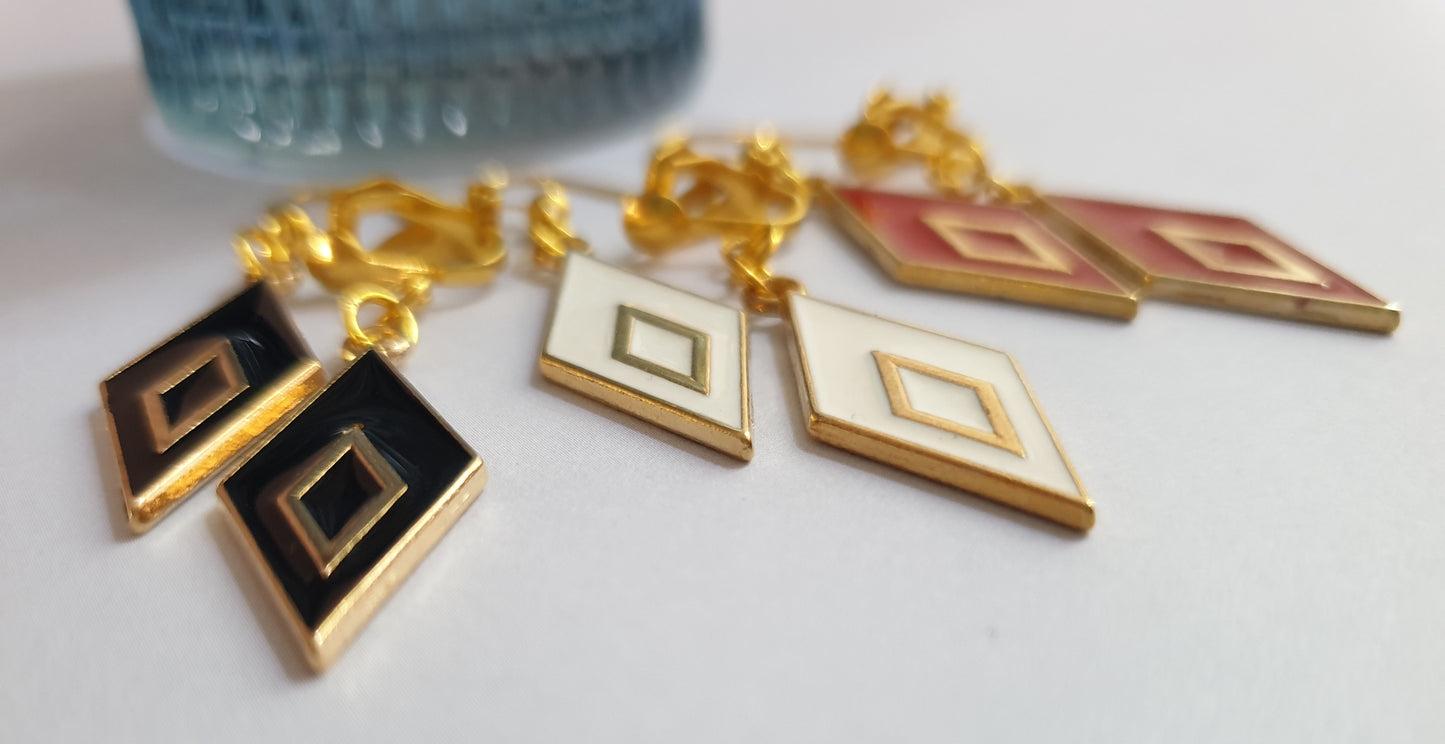 Gold Tone Rhombus / Diamond Shape Earrings. Red, Black, White. Hypoallergenic, Nickel Free or Clip On Earrings