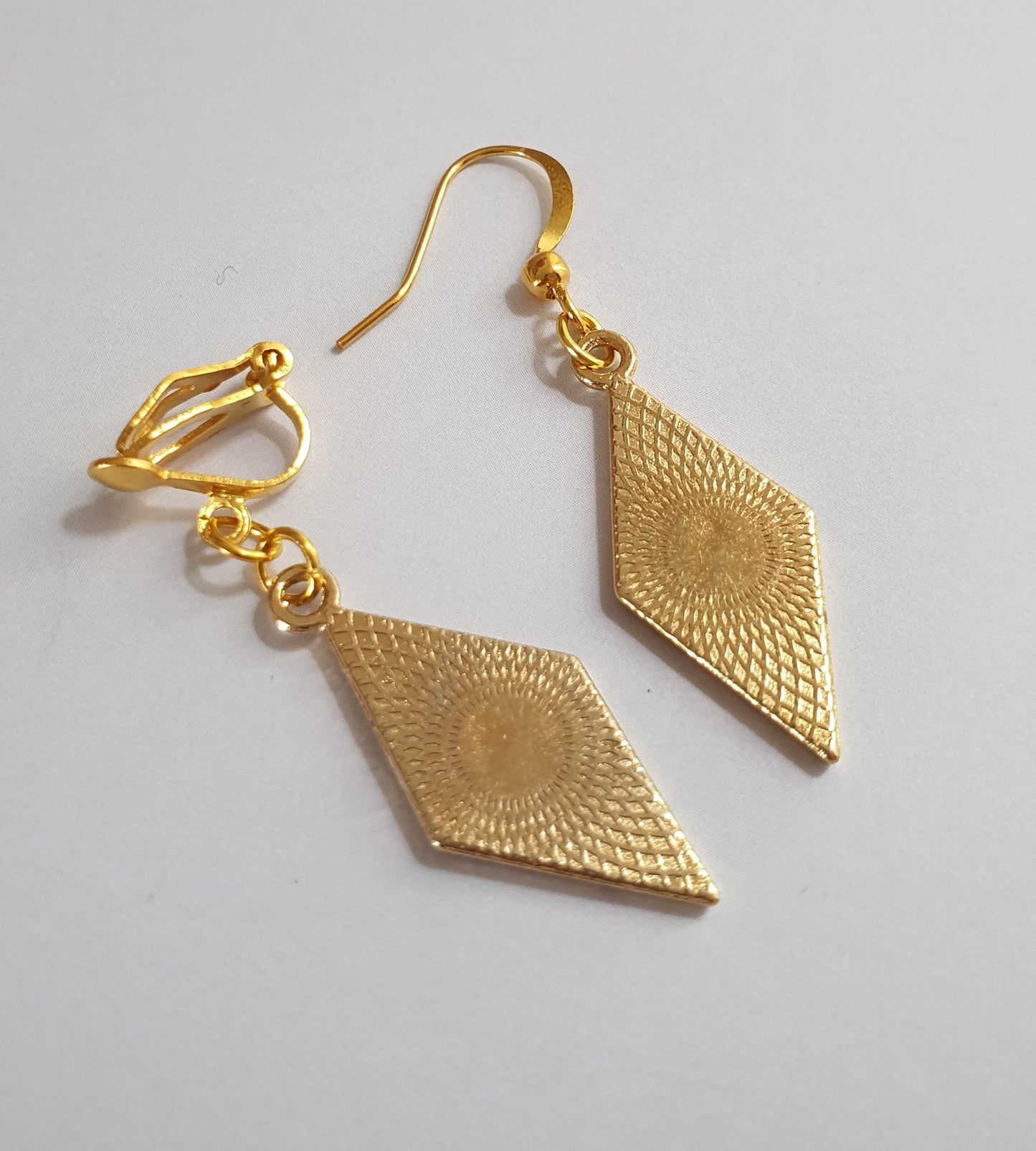 Gold Tone Rhombus / Diamond Shape Earrings. Red, Black, White. Hypoallergenic, Nickel Free or Clip On Earrings