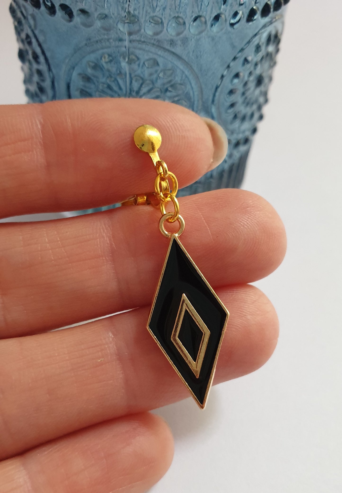 Gold Tone Rhombus / Diamond Shape Earrings. Red, Black, White. Hypoallergenic, Nickel Free or Clip On Earrings