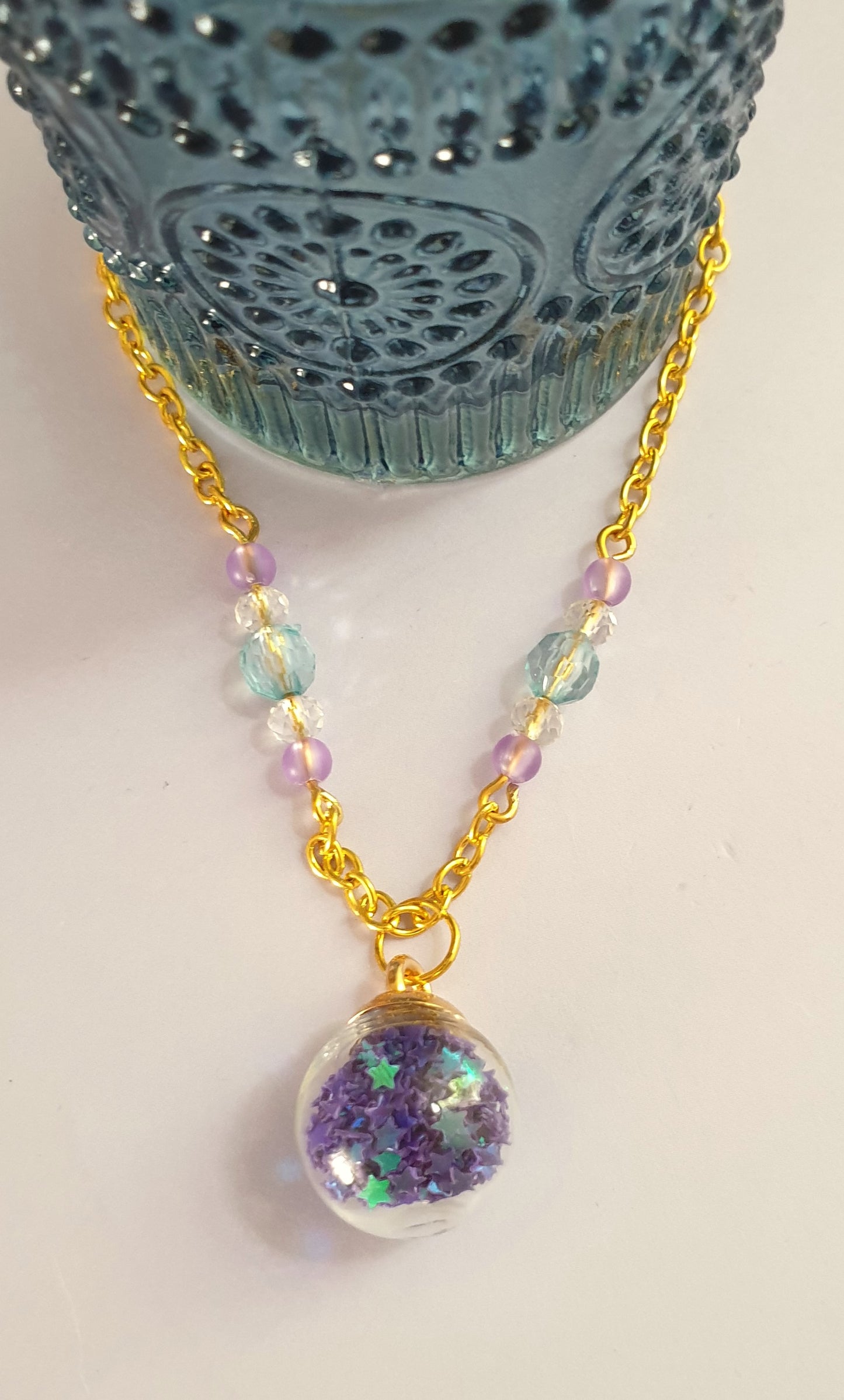 Blue, Green and Purple Star Shaker Pendant Necklace. Gold Tone. Fairy Necklace. Magical Necklace. Mermaid Necklace