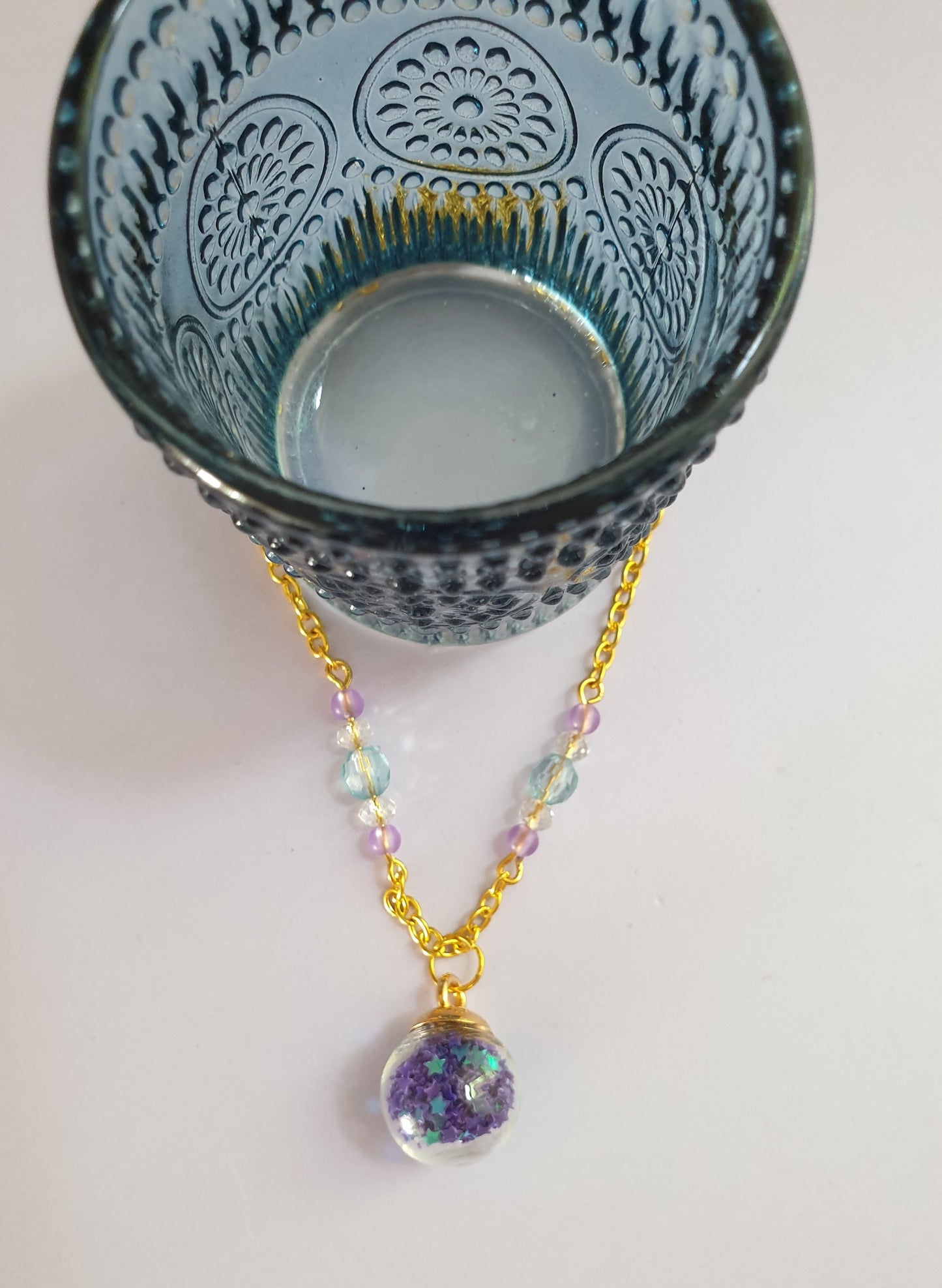 Blue, Green and Purple Star Shaker Pendant Necklace. Gold Tone. Fairy Necklace. Magical Necklace. Mermaid Necklace