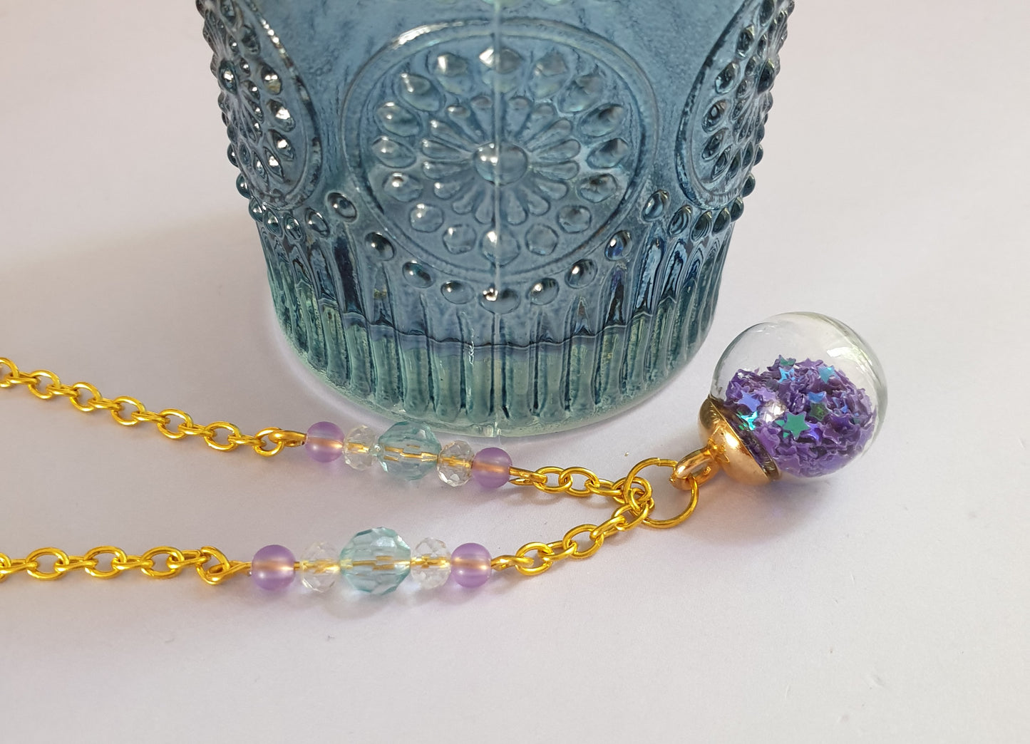 Blue, Green and Purple Star Shaker Pendant Necklace. Gold Tone. Fairy Necklace. Magical Necklace. Mermaid Necklace