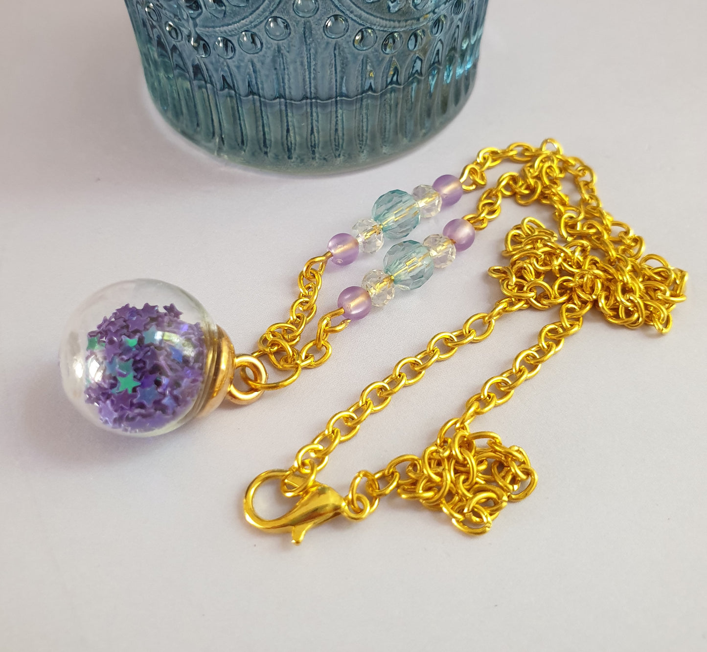 Blue, Green and Purple Star Shaker Pendant Necklace. Gold Tone. Fairy Necklace. Magical Necklace. Mermaid Necklace