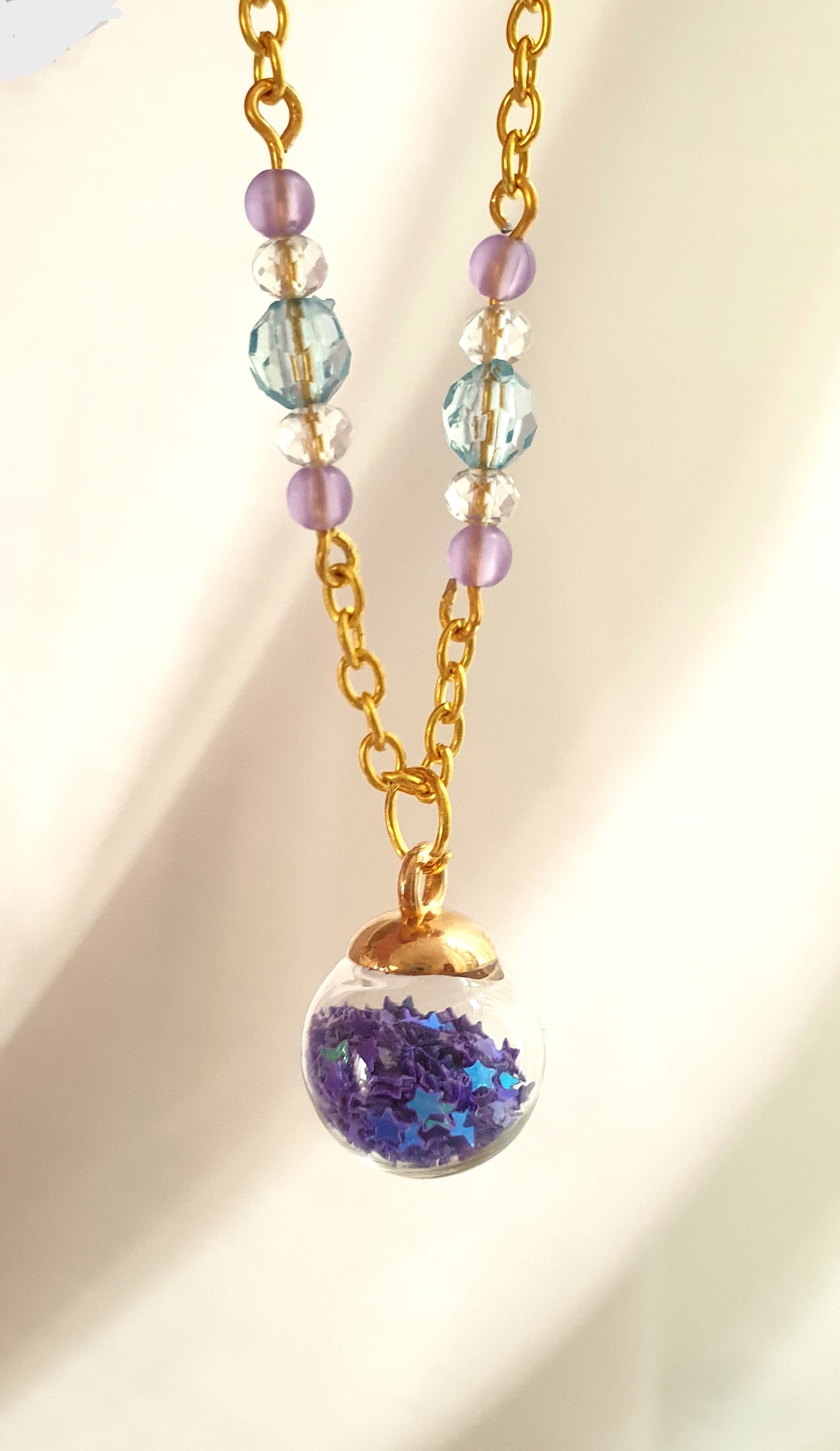 Blue, Green and Purple Star Shaker Pendant Necklace. Gold Tone. Fairy Necklace. Magical Necklace. Mermaid Necklace