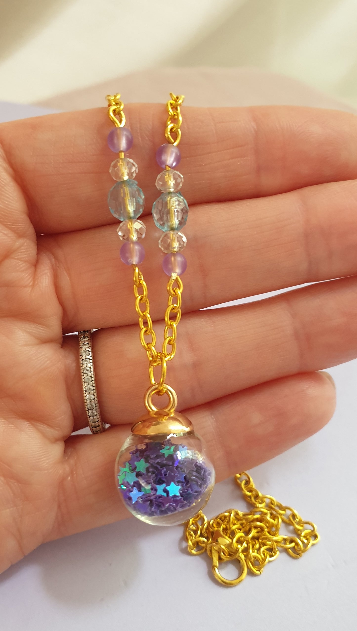 Blue, Green and Purple Star Shaker Pendant Necklace. Gold Tone. Fairy Necklace. Magical Necklace. Mermaid Necklace
