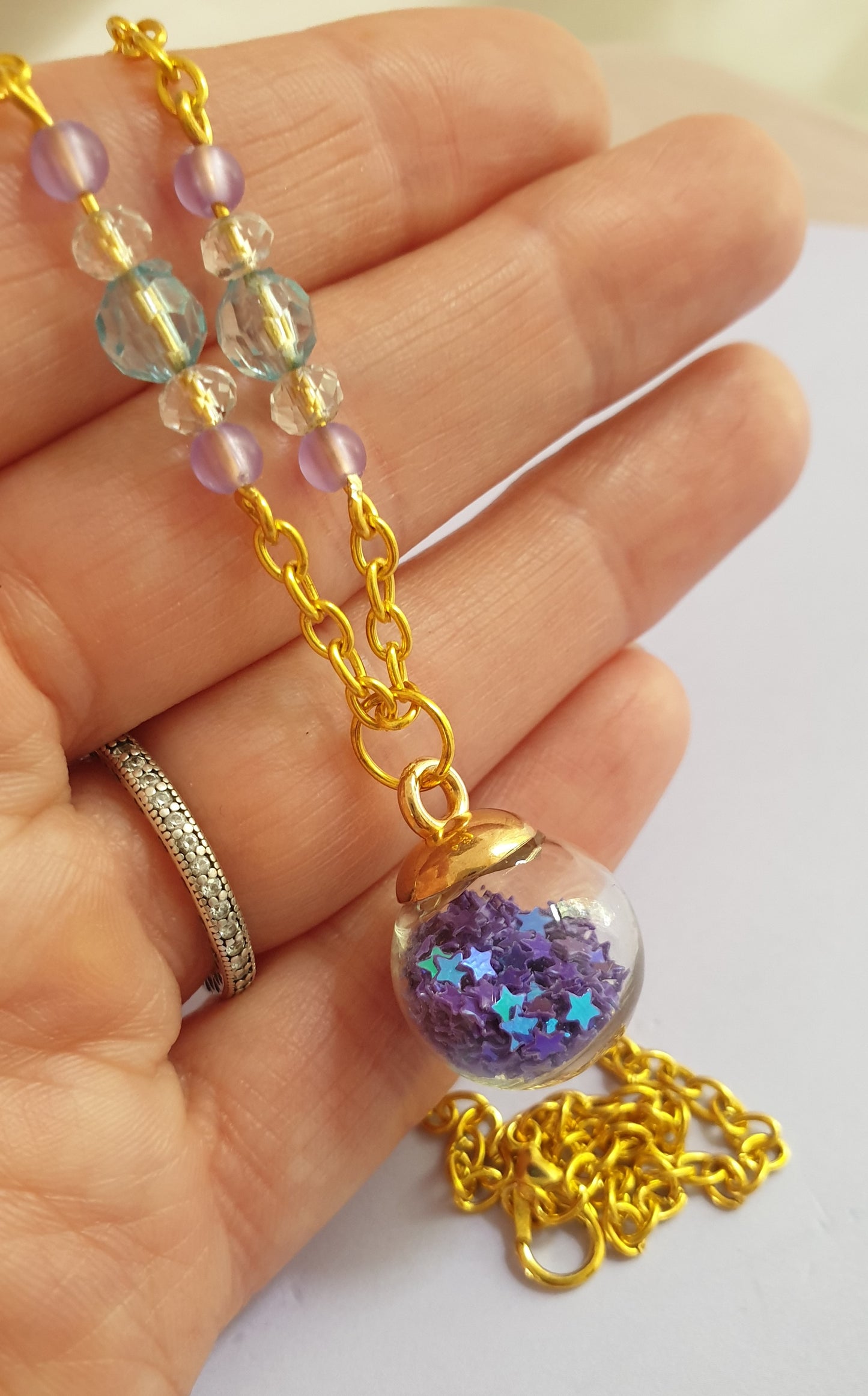 Blue, Green and Purple Star Shaker Pendant Necklace. Gold Tone. Fairy Necklace. Magical Necklace. Mermaid Necklace