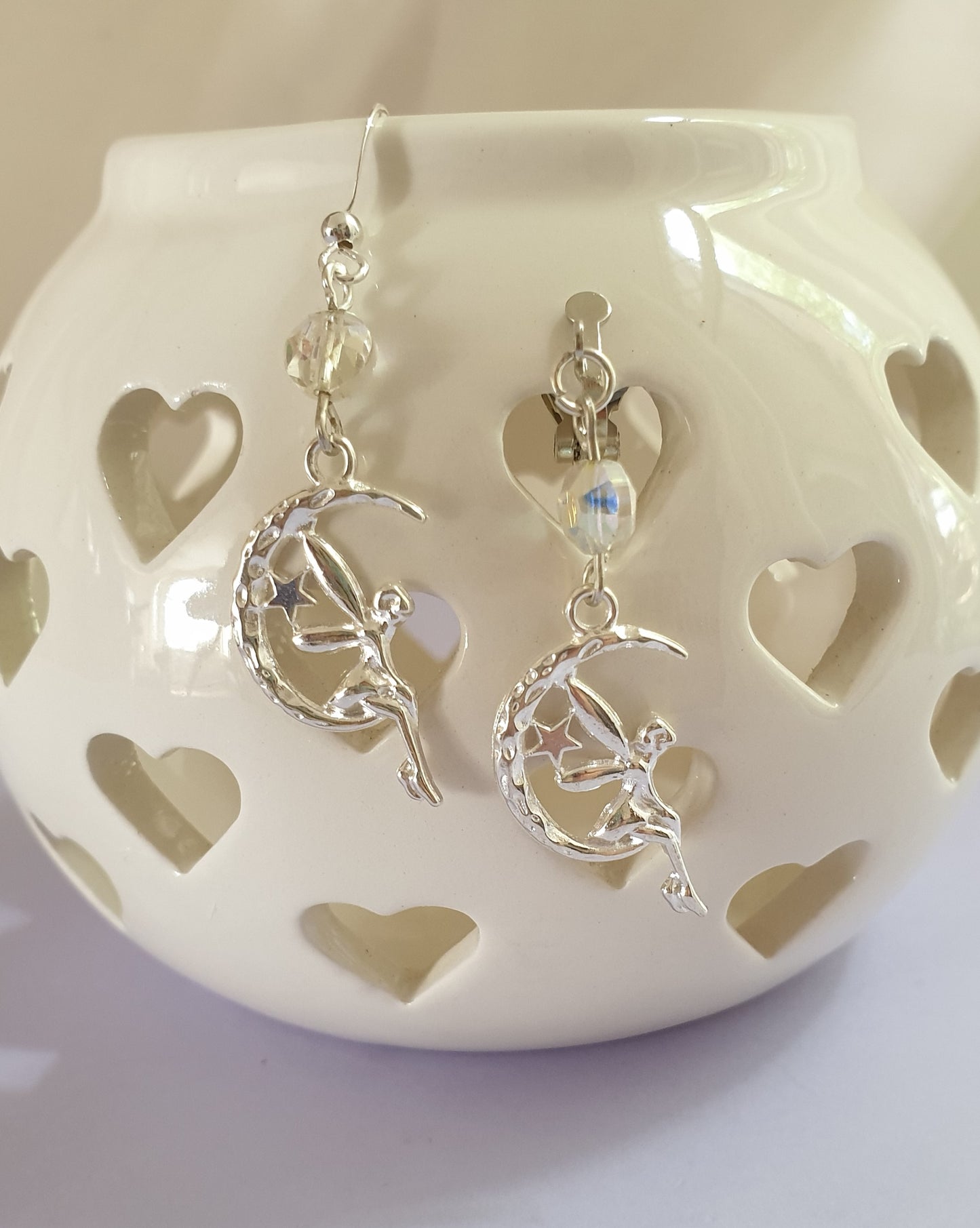 Fairy on Moon Silver Tone Earrings. Hypoallergenic, Nickel Free or Clip Ons. Spiritual Earrings. Luna Earrings