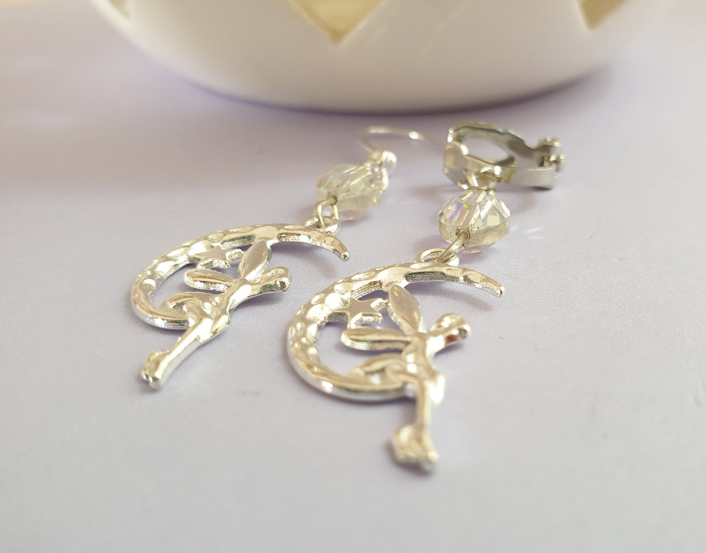 Fairy on Moon Silver Tone Earrings. Hypoallergenic, Nickel Free or Clip Ons. Spiritual Earrings. Luna Earrings