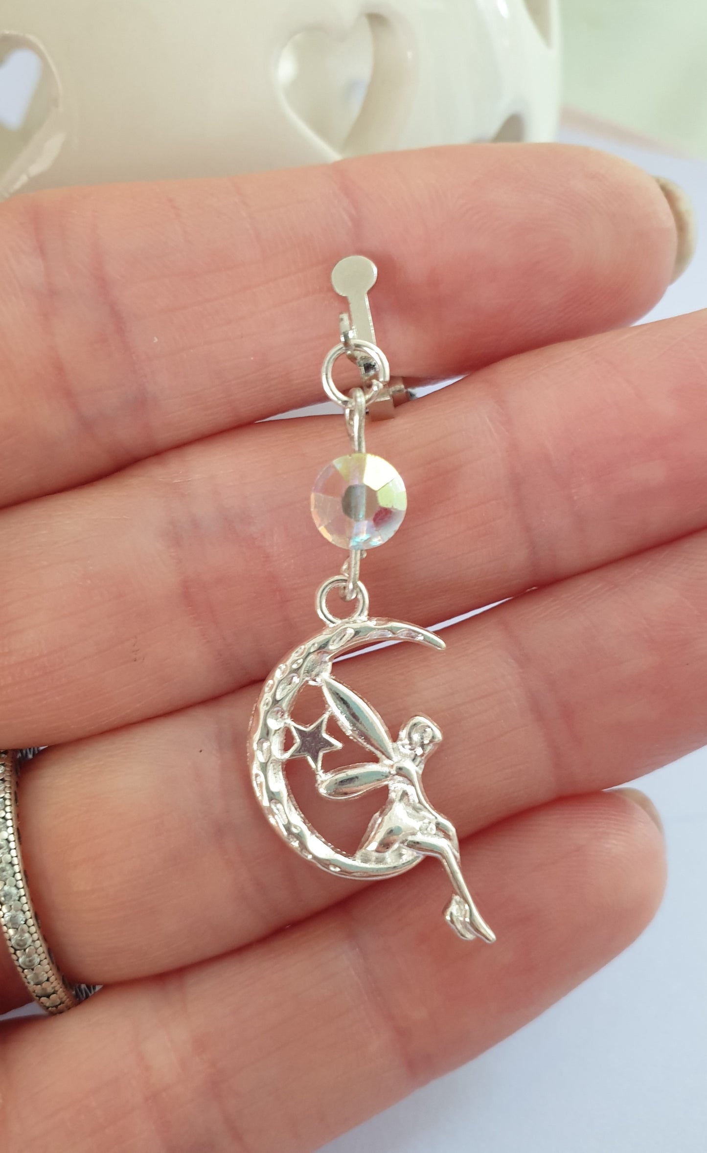 Fairy on Moon Silver Tone Earrings. Hypoallergenic, Nickel Free or Clip Ons. Spiritual Earrings. Luna Earrings