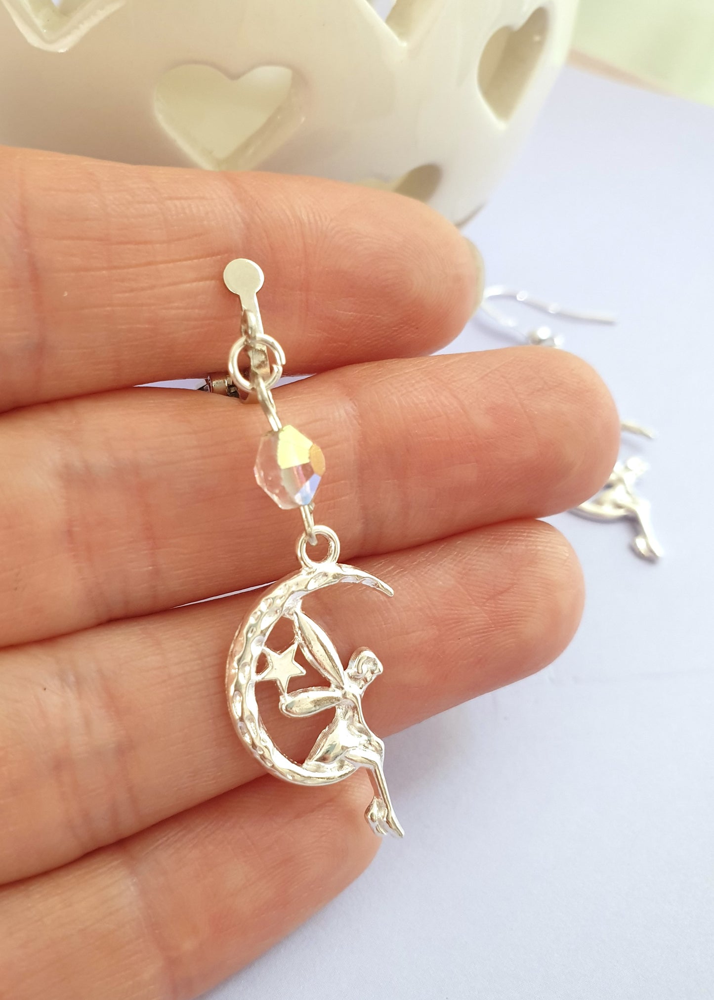 Fairy on Moon Silver Tone Earrings. Hypoallergenic, Nickel Free or Clip Ons. Spiritual Earrings. Luna Earrings