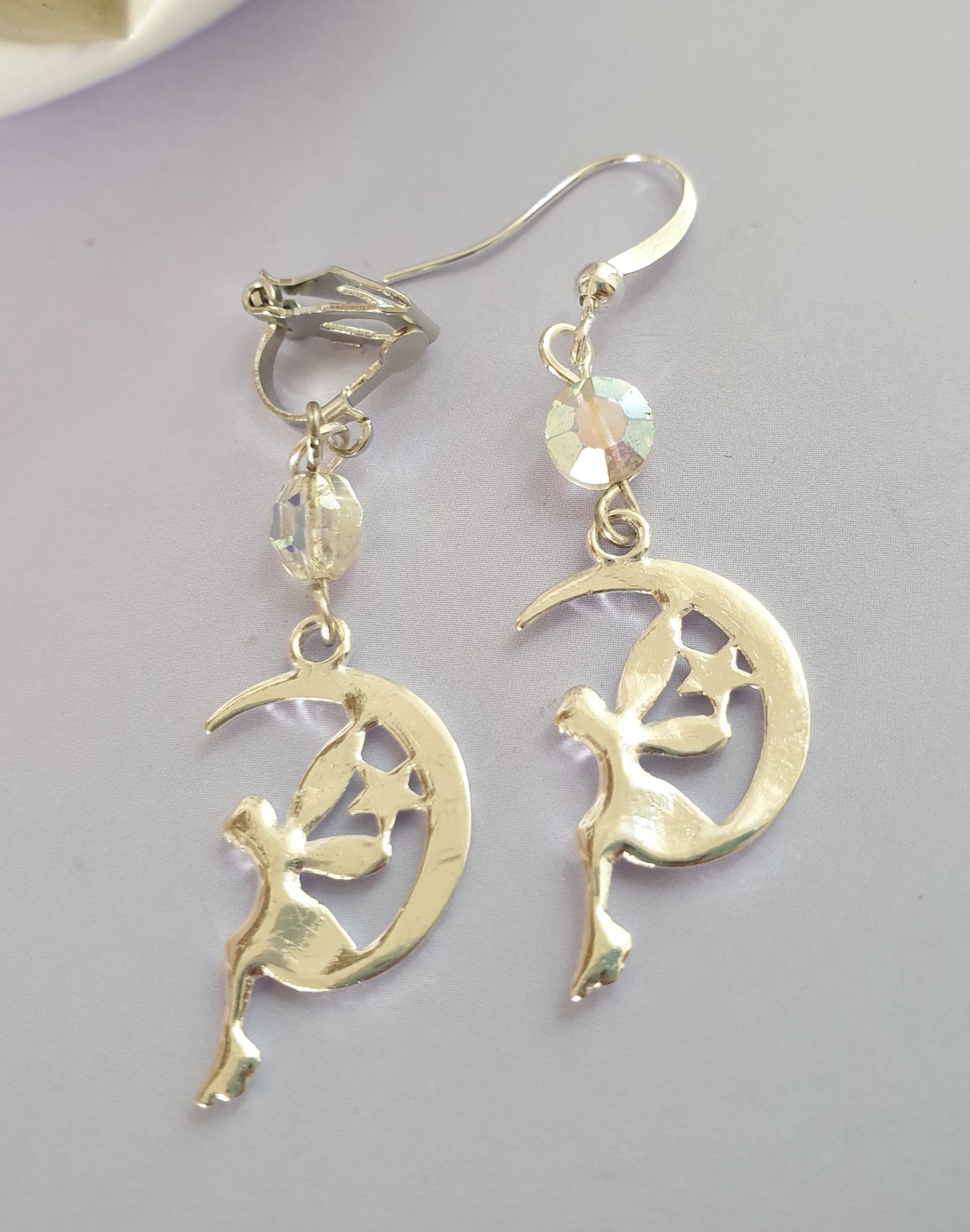 Fairy on Moon Silver Tone Earrings. Hypoallergenic, Nickel Free or Clip Ons. Spiritual Earrings. Luna Earrings