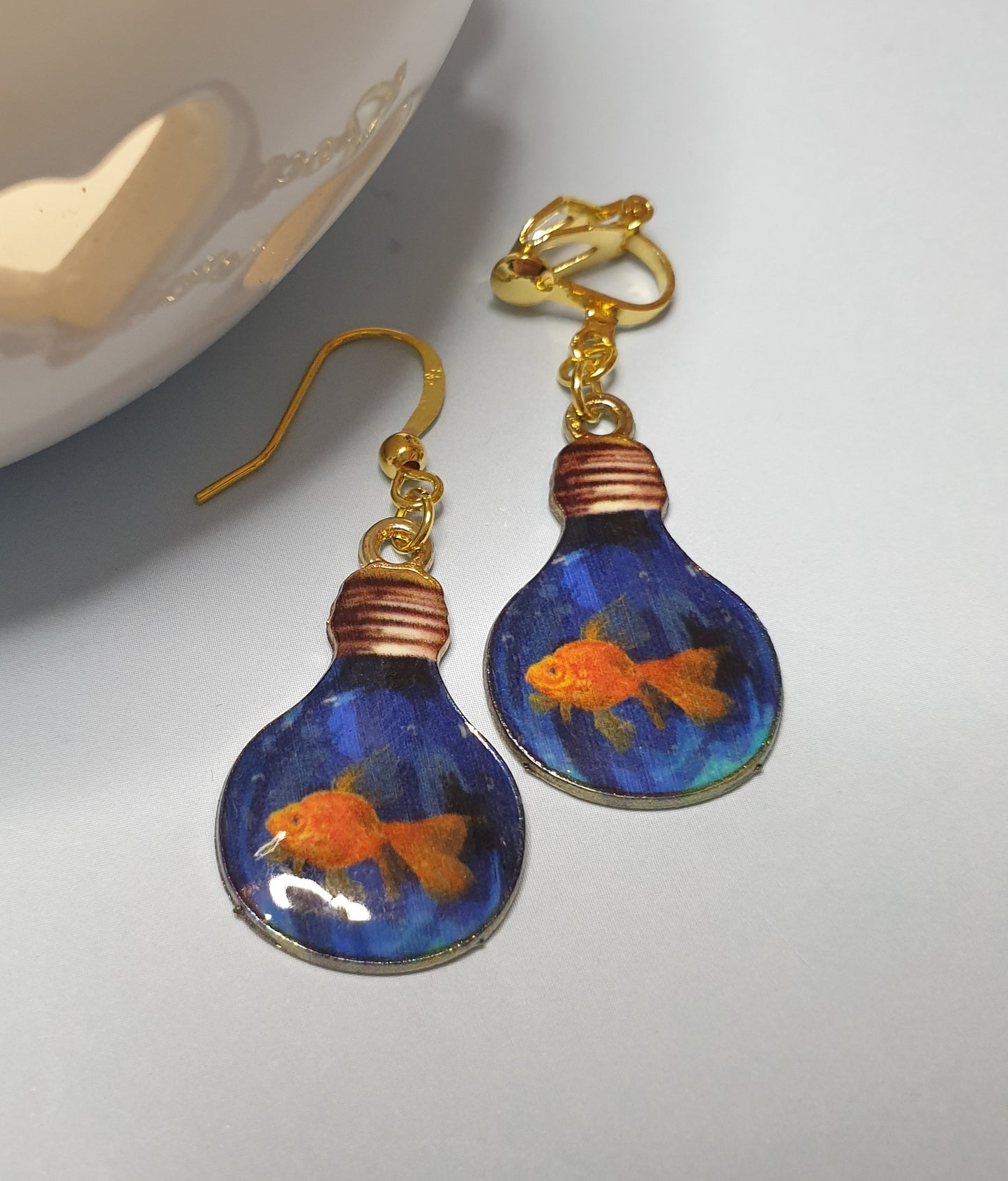 Goldfish Fish Lightbulb Earrings. Nickel Free Wires or Clip Ons