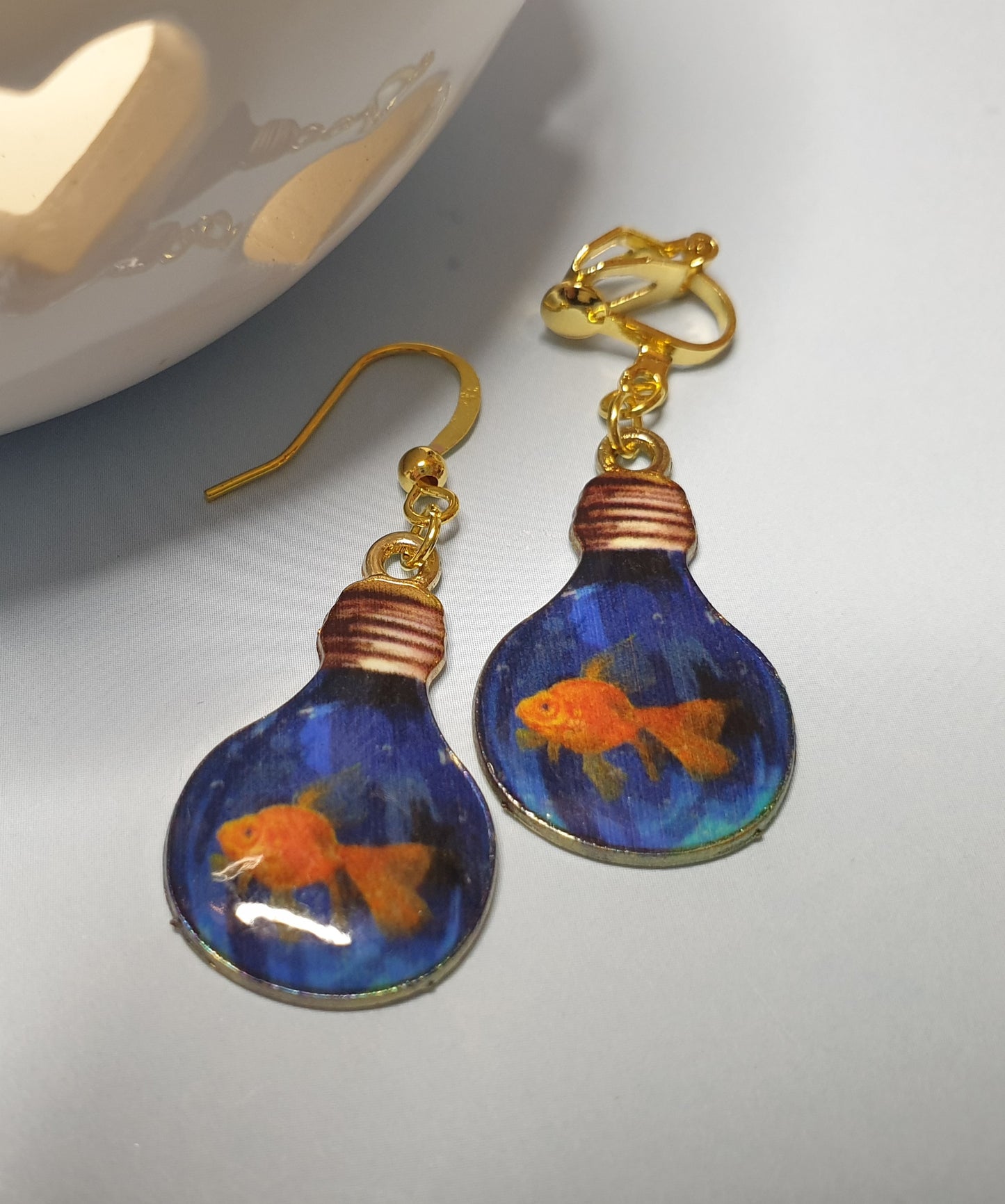 Goldfish Fish Lightbulb Earrings. Nickel Free Wires or Clip Ons