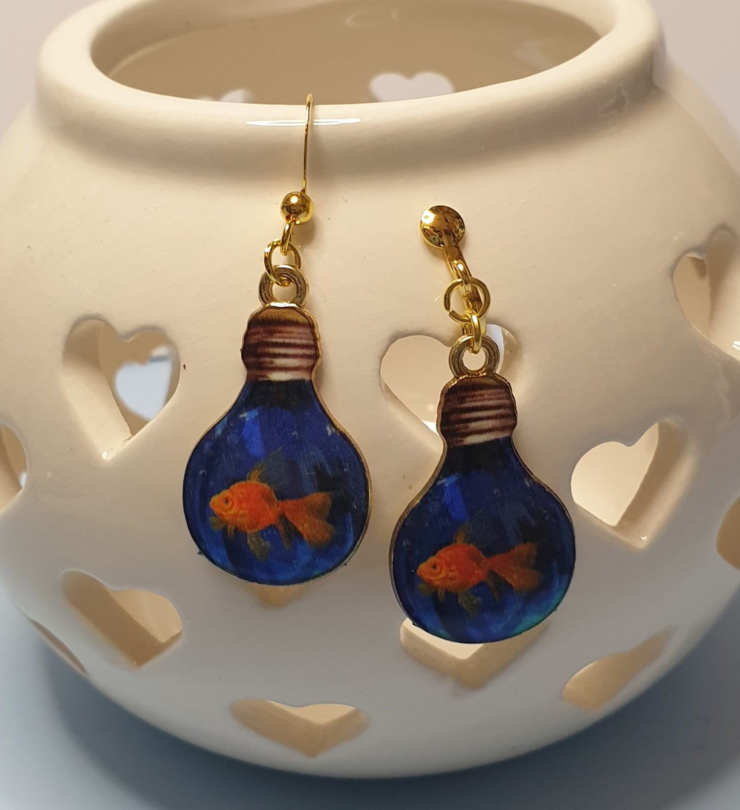 Goldfish Fish Lightbulb Earrings. Nickel Free Wires or Clip Ons