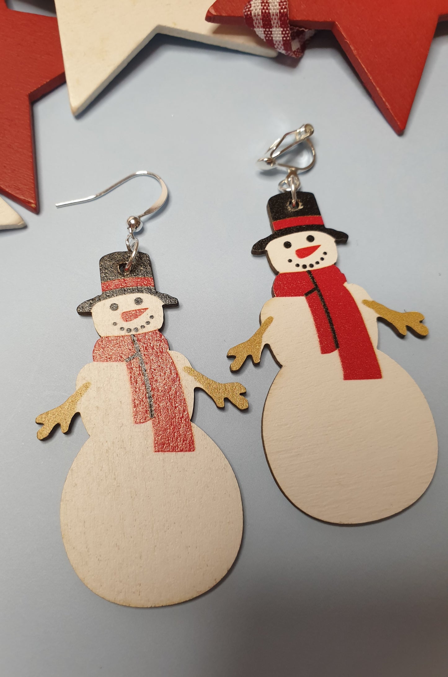 Wooden Snowmen Earrings. Christmas Snow Person Earrings. Nickel Free Wires or Clip Ons. Quirky Statement Earrings