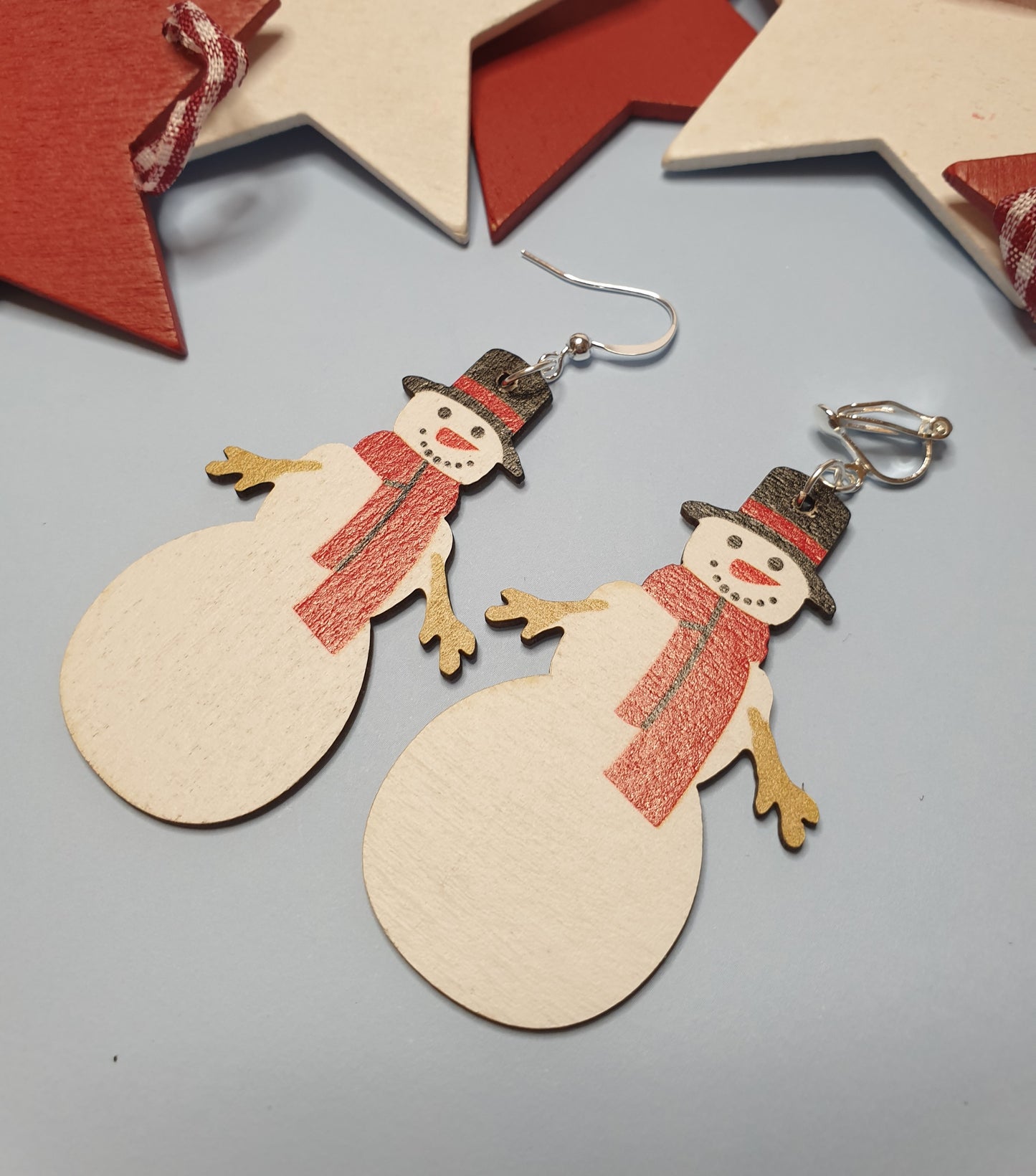 Wooden Snowmen Earrings. Christmas Snow Person Earrings. Nickel Free Wires or Clip Ons. Quirky Statement Earrings