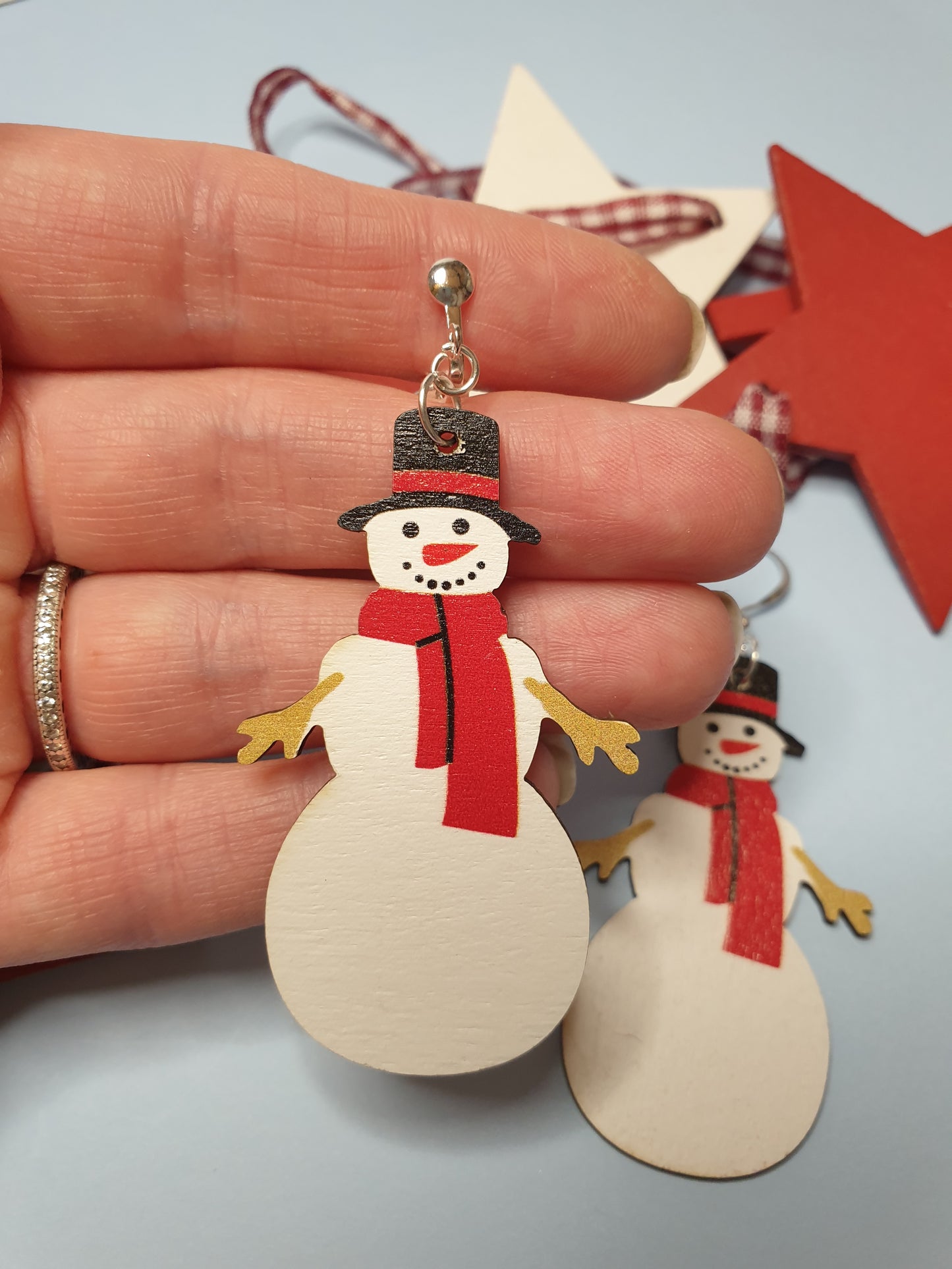 Wooden Snowmen Earrings. Christmas Snow Person Earrings. Nickel Free Wires or Clip Ons. Quirky Statement Earrings