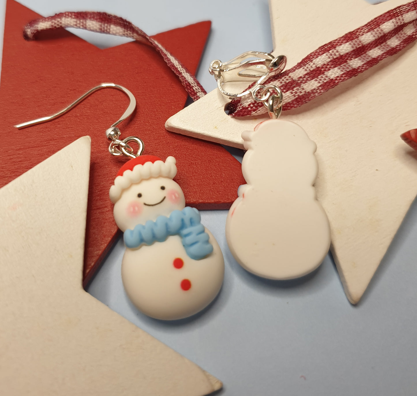 Cute Snowmen Earrings with Blue Scarf. Nickel Free Wires or Clip Ons