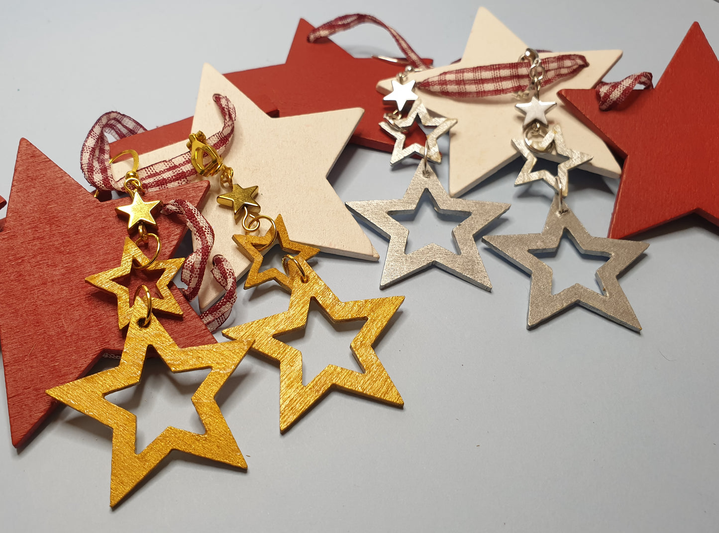 Wooden Triple Star Earrings. Nickel Free Wires or Clip Ons